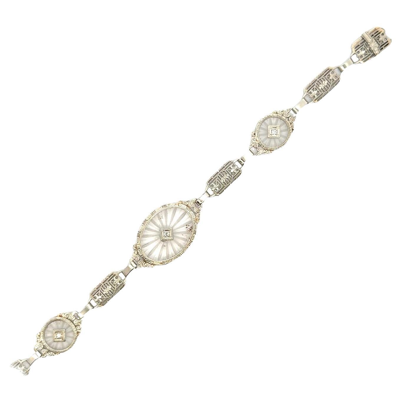 Art Deco Rock Crystal Diamond 14 Karat White Gold Filigree Vintage Bracelet For Sale