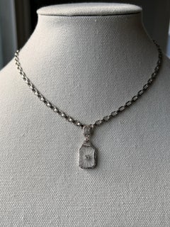 Art Deco Camphor Glass Rock Crystal & Diamond 14k White Gold Drop Necklace 1920s