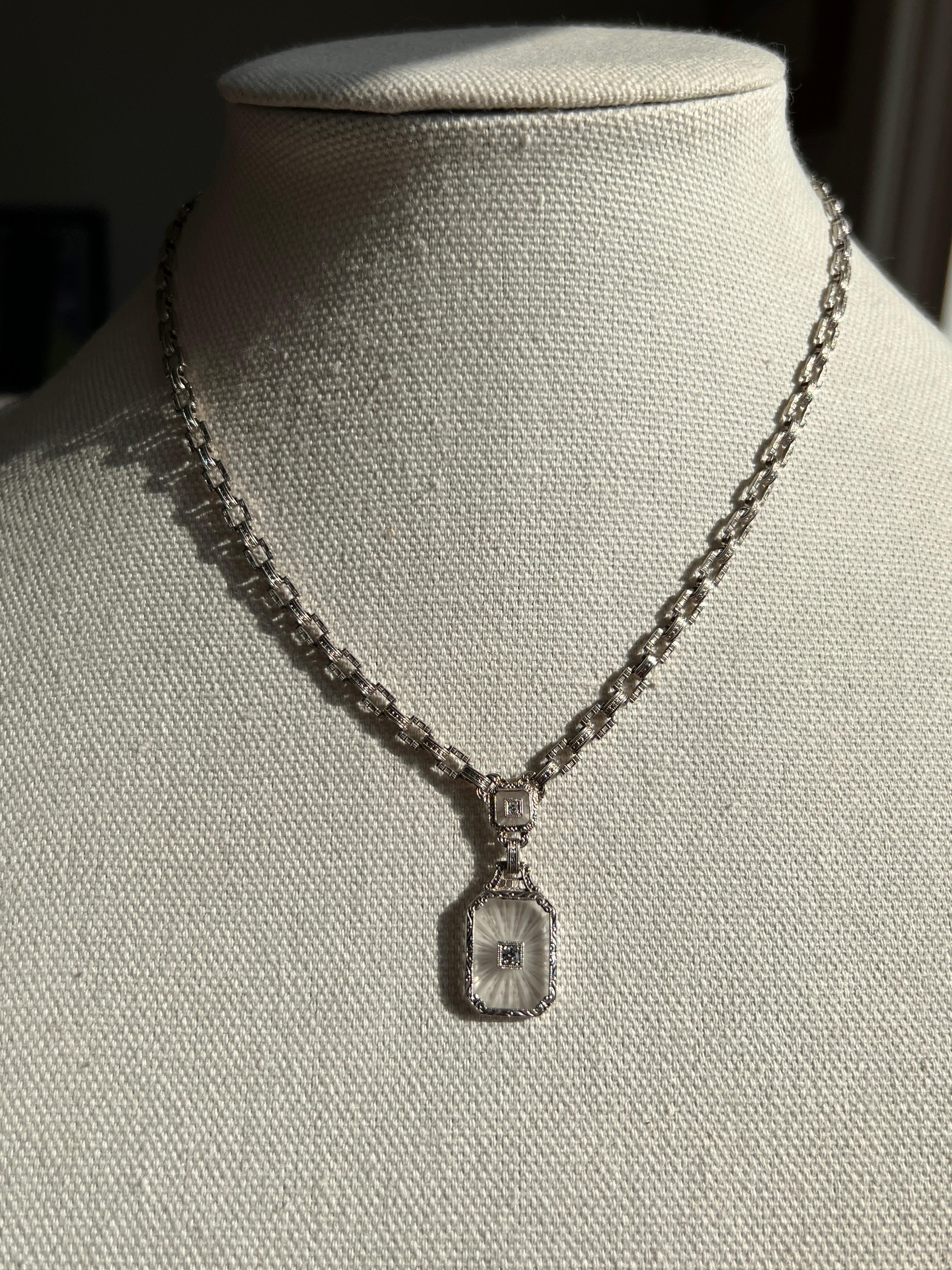 Taglio misto Collana Art Deco con cristalli di rocca e diamanti in oro bianco 14k A Link 1920