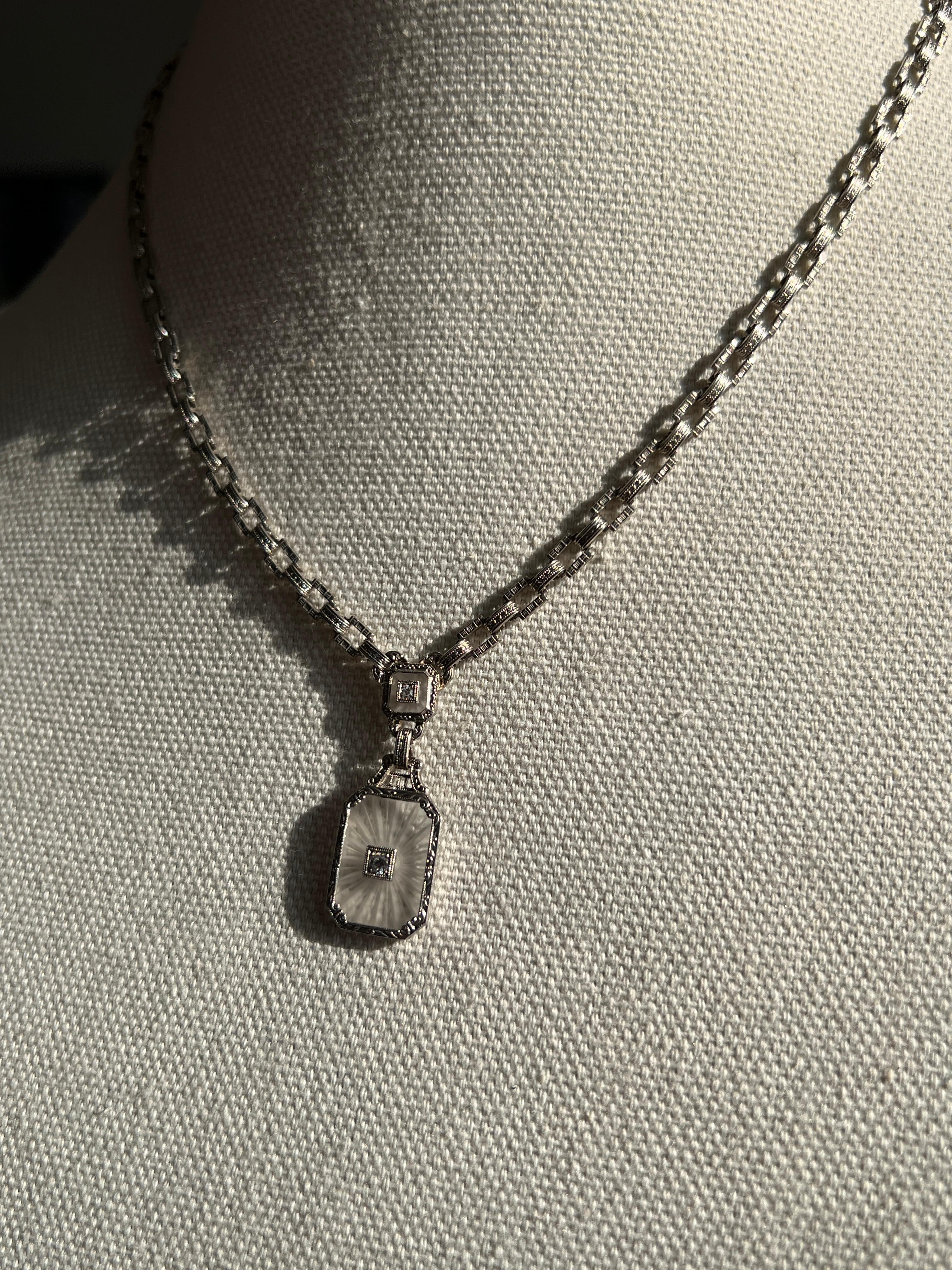 Collana Art Deco con cristalli di rocca e diamanti in oro bianco 14k A Link 1920 In condizioni buone a Towson, MD