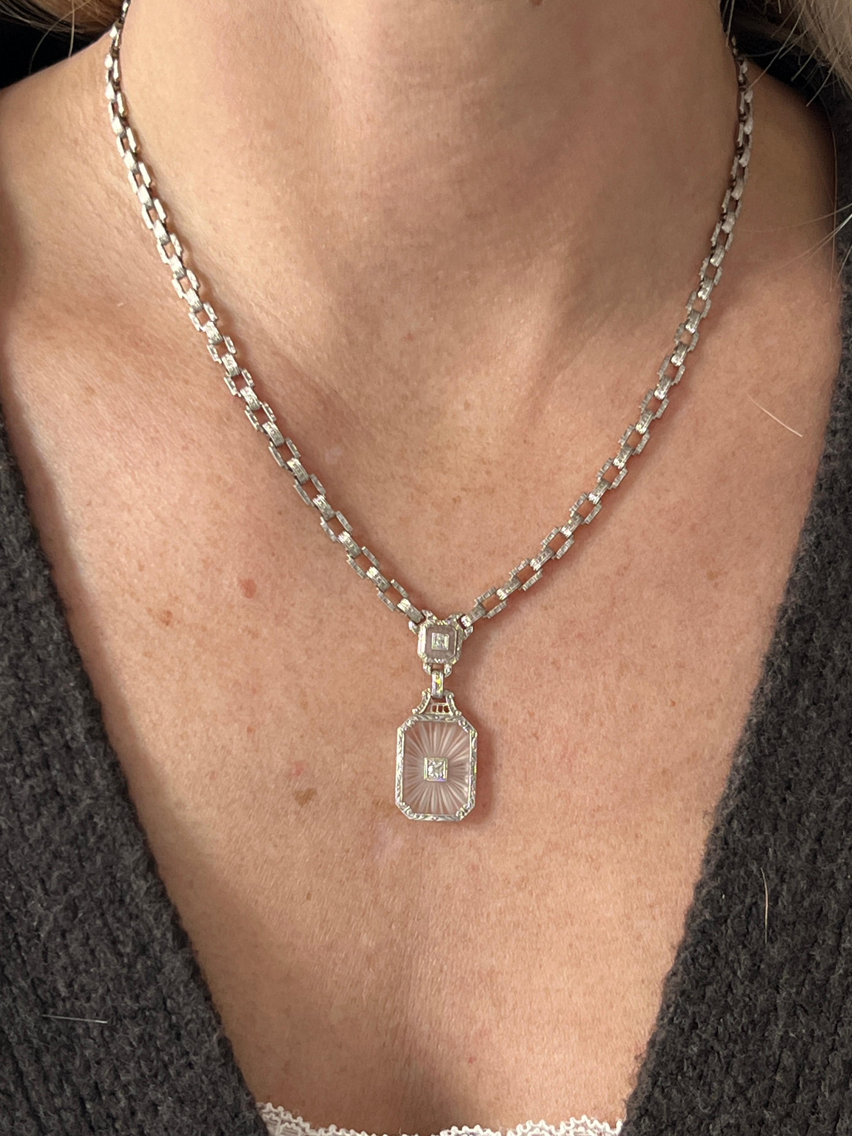 da uomo o donna Collana Art Deco con cristalli di rocca e diamanti in oro bianco 14k A Link 1920