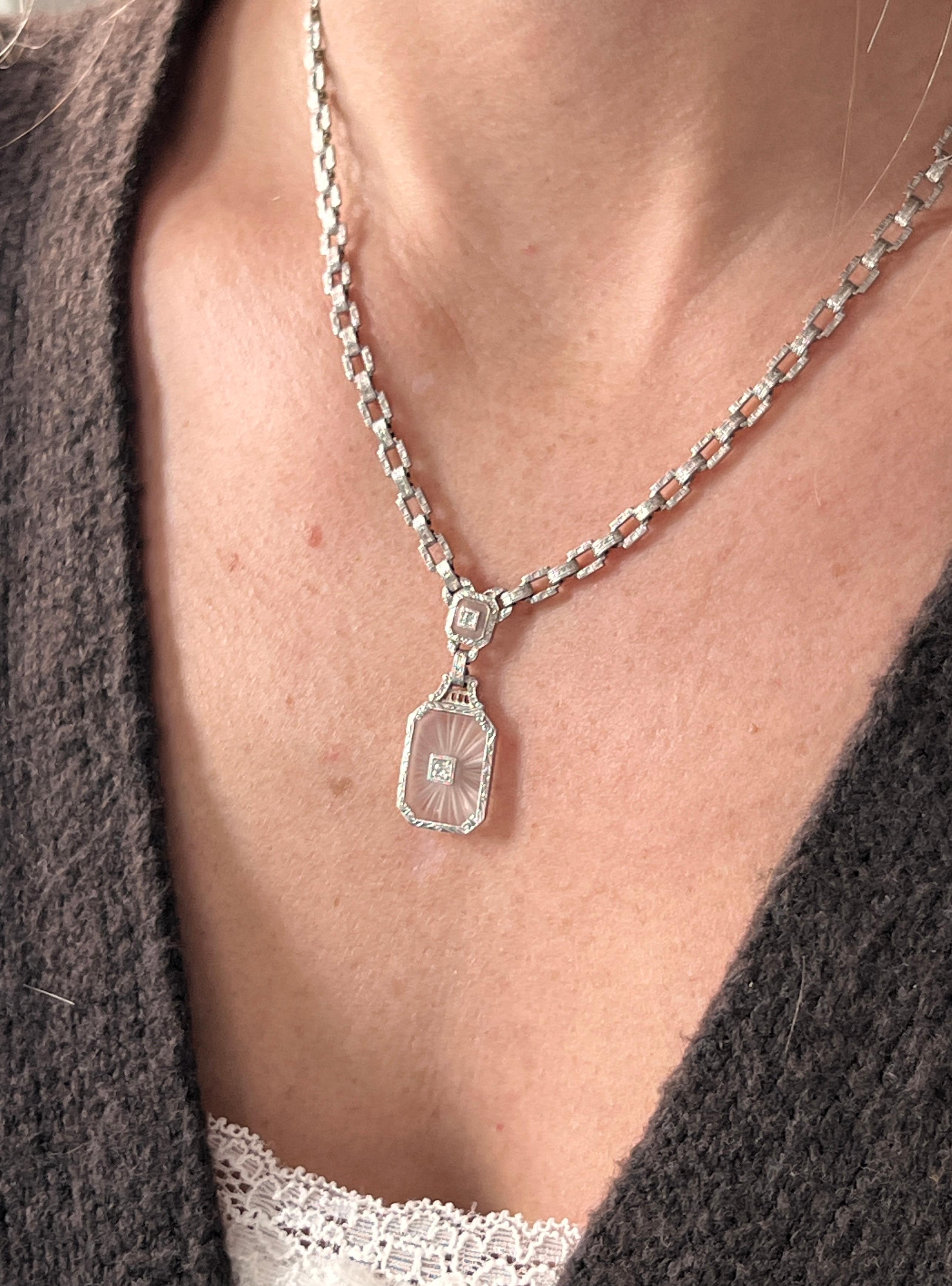 Collana Art Deco con cristalli di rocca e diamanti in oro bianco 14k A Link 1920 1