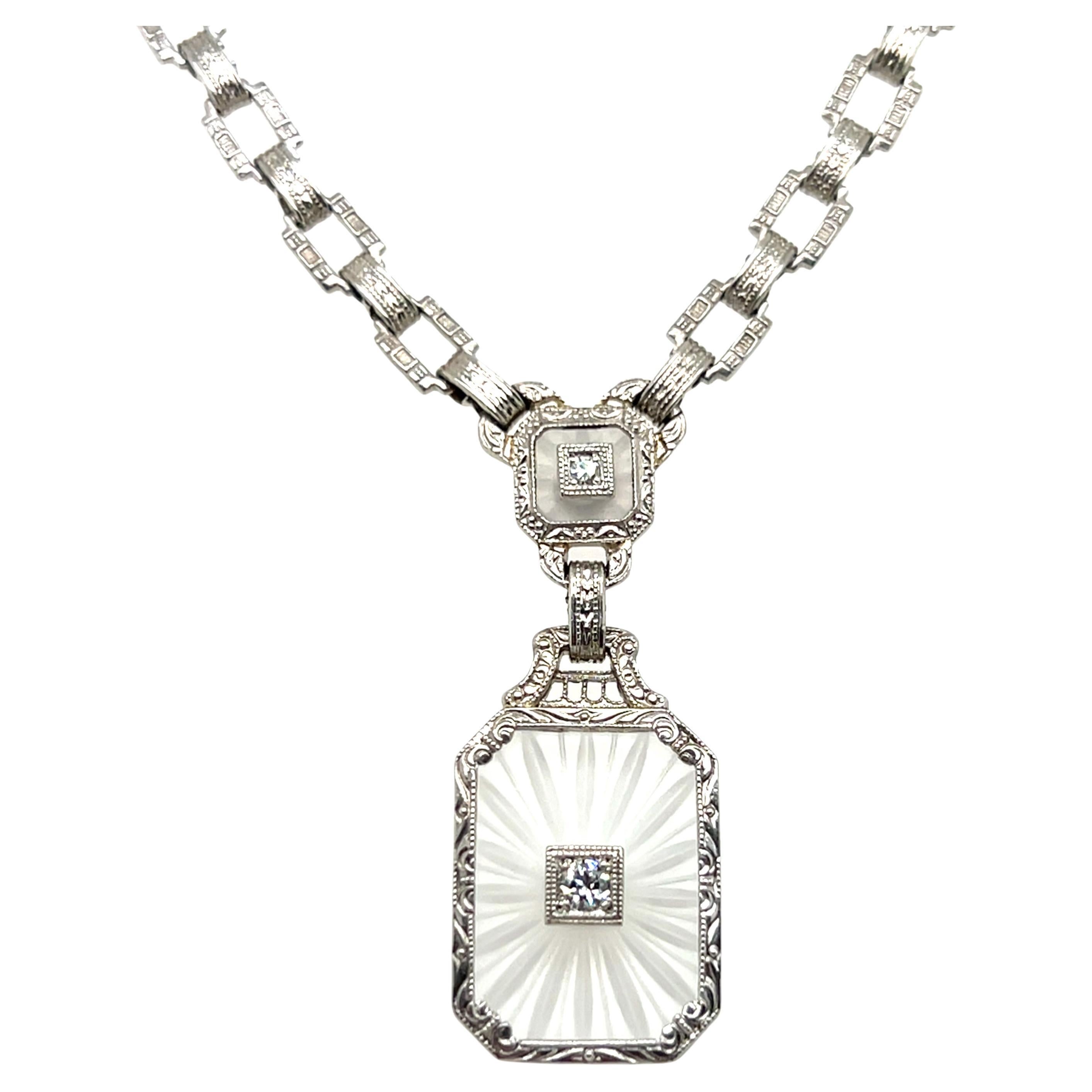 Collana Art Deco con cristalli di rocca e diamanti in oro bianco 14k A Link 1920