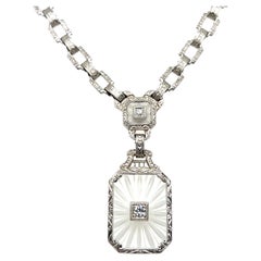 Art Deco Rock Crystal & Diamond 14k White Gold Fancy Link Drop Necklace 1920s