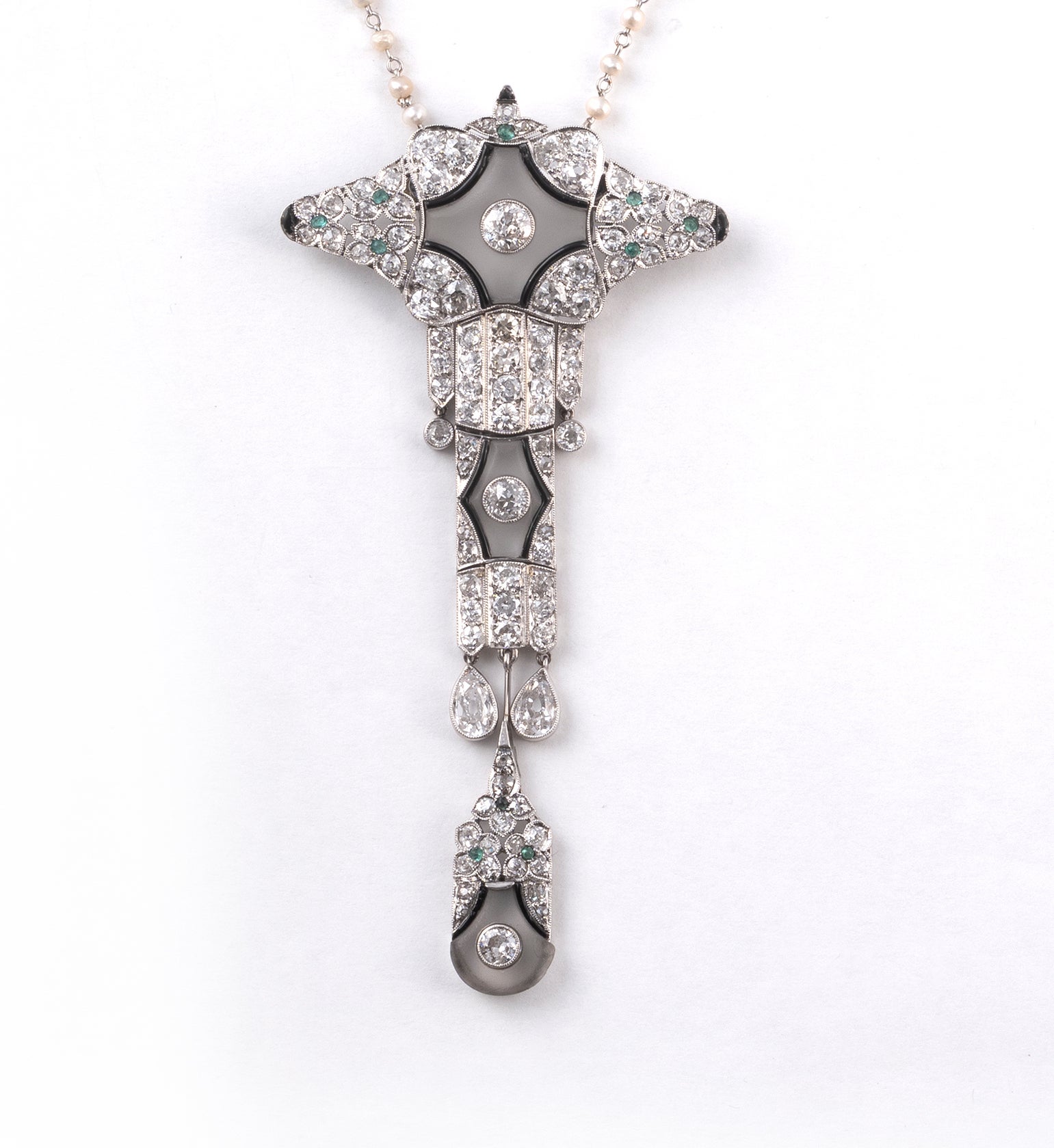 Art Deco Rock Crystal Diamond And Emerald Brooch-Pendant by Garrard 
Co 1925
s For Sale