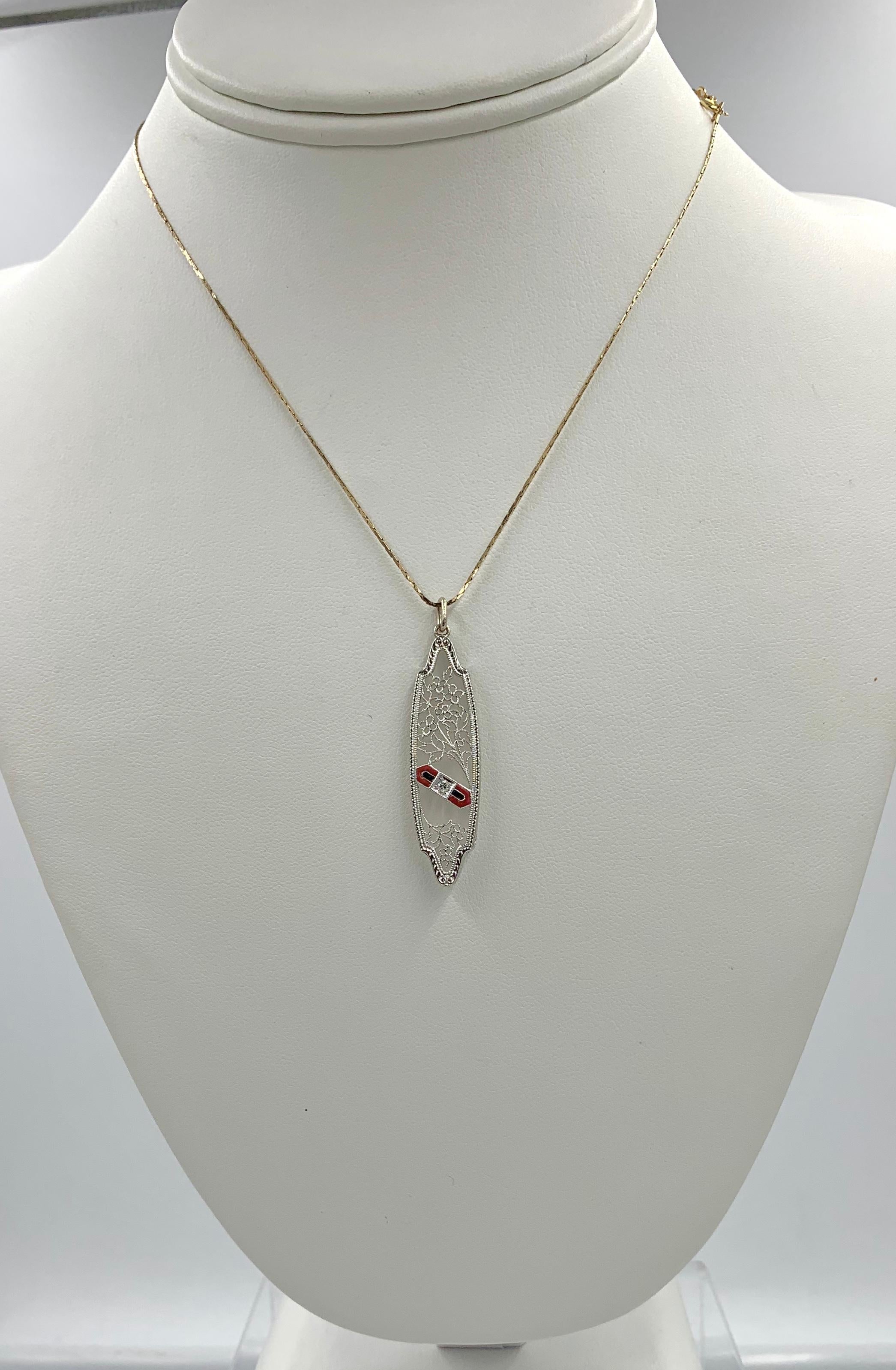 Women's Art Deco Rock Crystal Diamond Enamel Pendant Flower Filigree 14 Karat White Gold For Sale