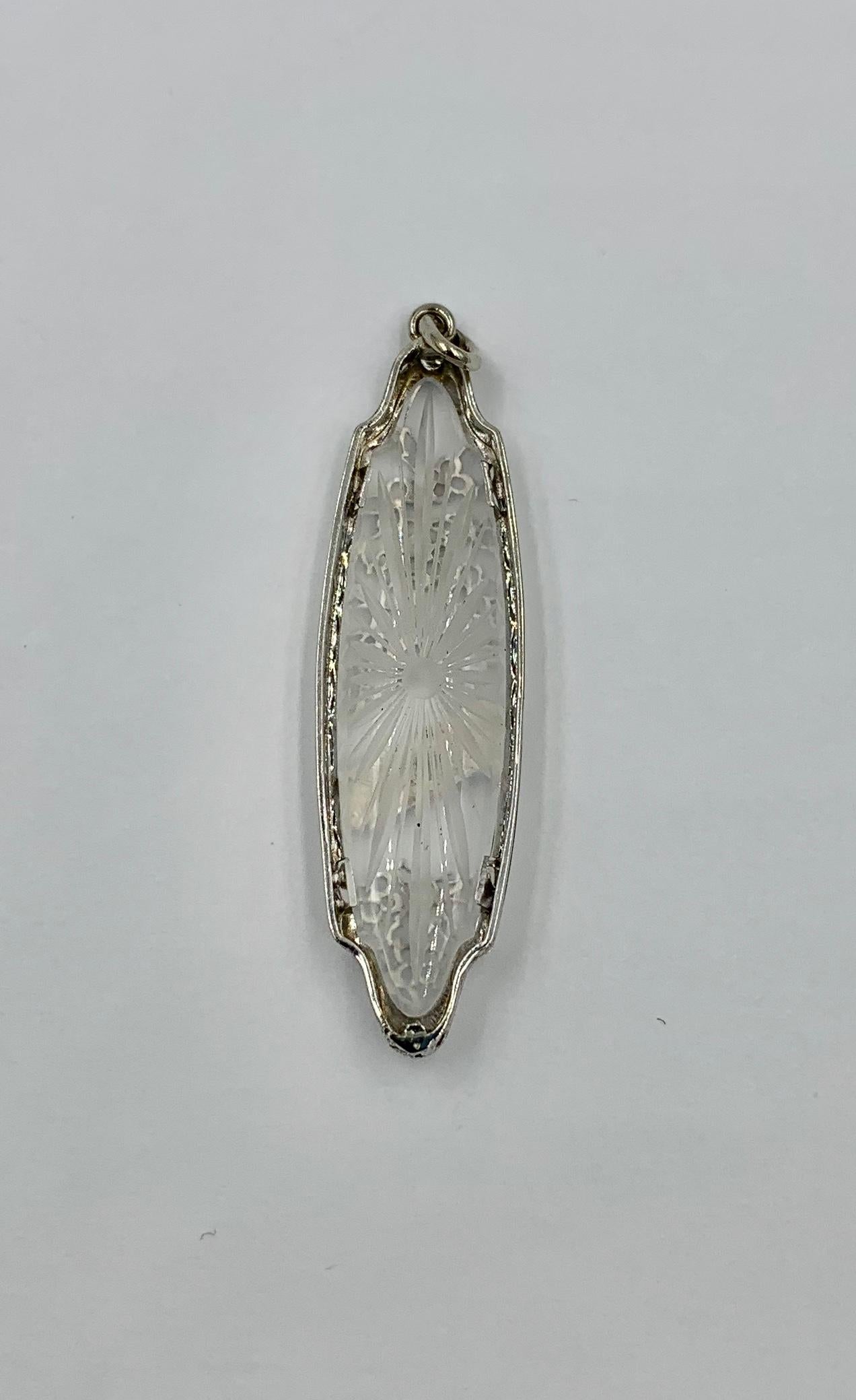 Art Deco Rock Crystal Diamond Enamel Pendant Flower Filigree 14 Karat White Gold For Sale 1