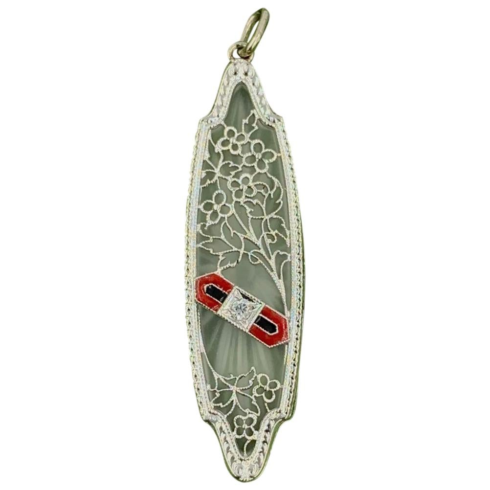 Art Deco Rock Crystal Diamond Enamel Pendant Flower Filigree 14 Karat White Gold For Sale