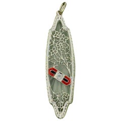 Antique Art Deco Rock Crystal Diamond Enamel Pendant Flower Filigree 14 Karat White Gold