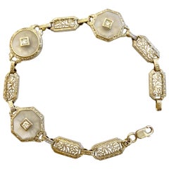 Art Deco Camphor Glass & Diamond Filigree 14 Karat White & Yellow Gold Bracelet