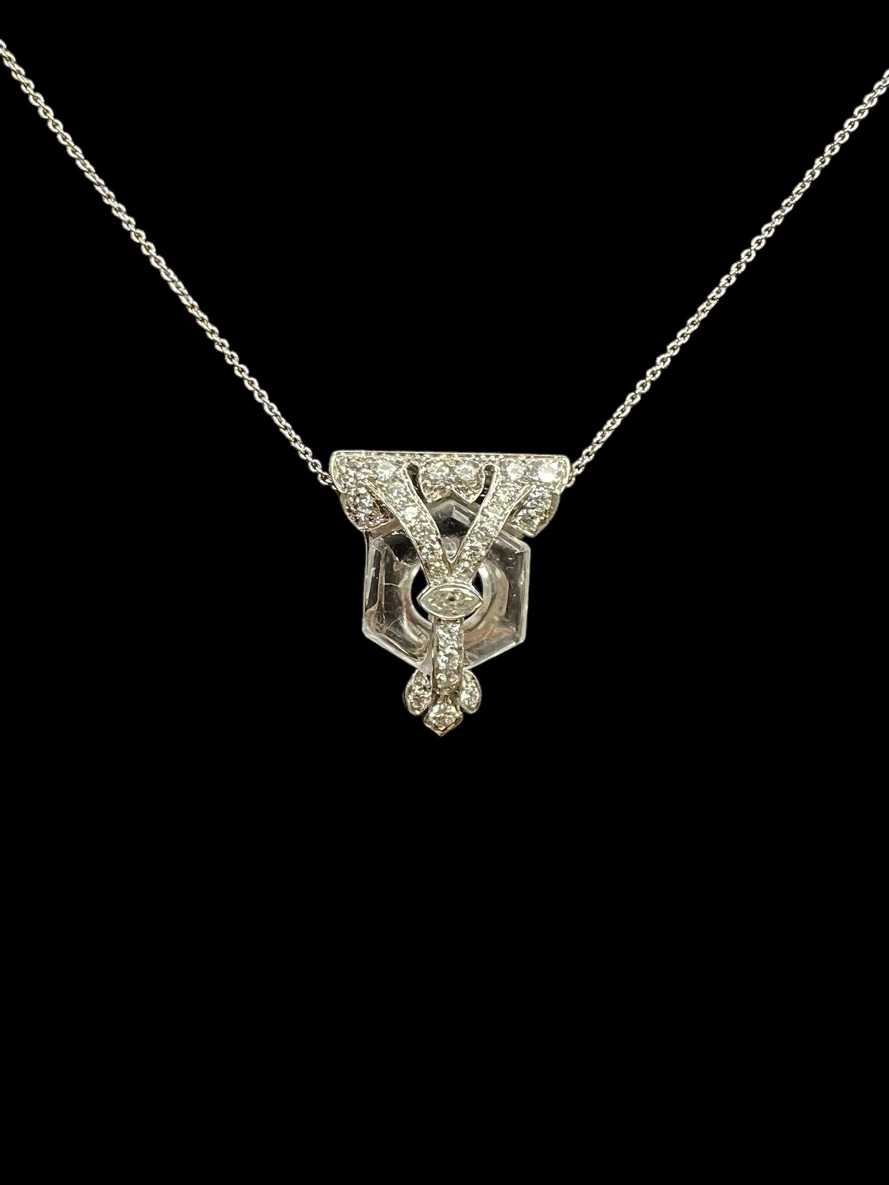 Art Deco Rock Crystal Diamond Platinum Clip Pendant Circa 1925 For Sale 5