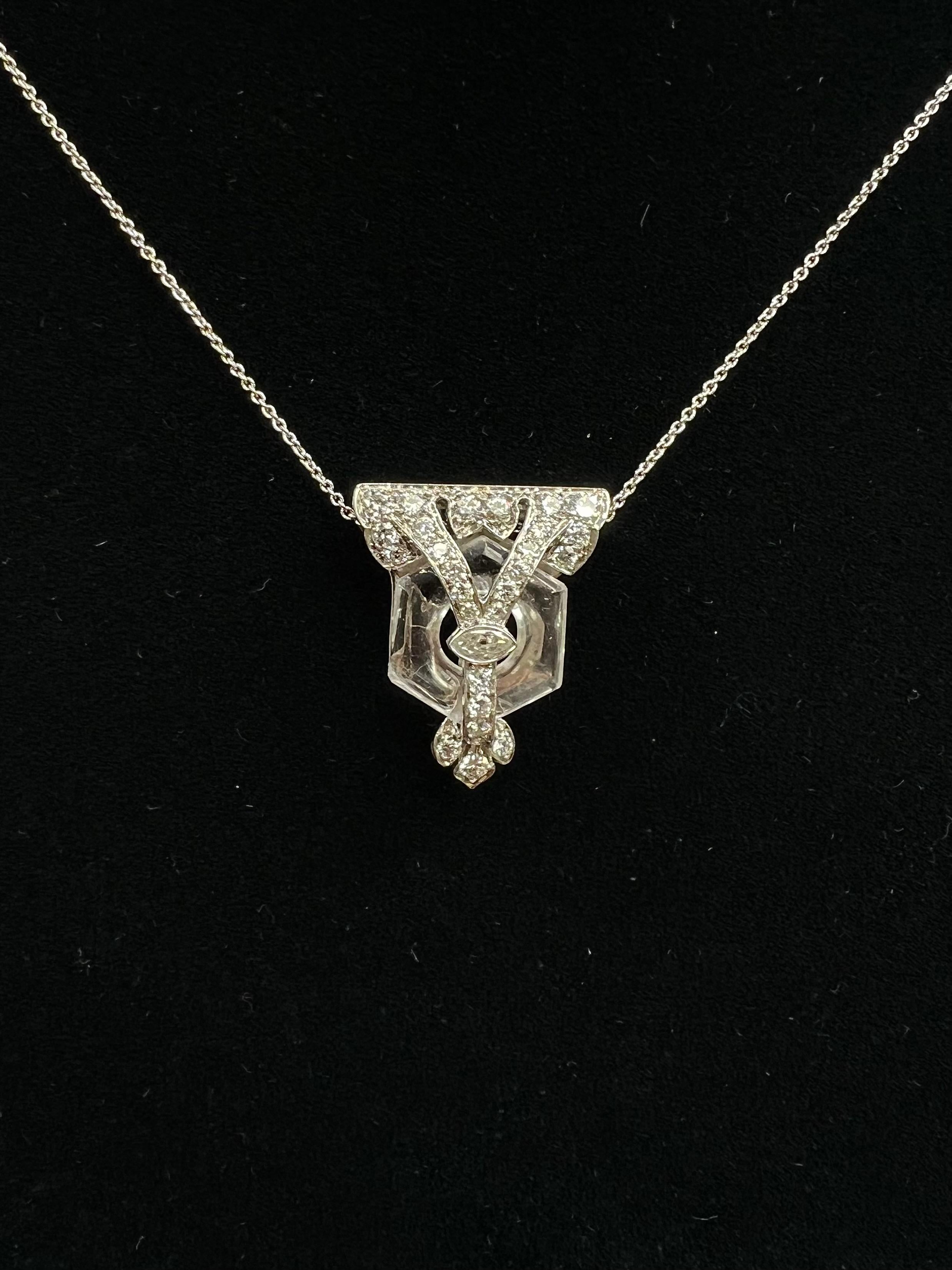 Art Deco Rock Crystal Diamond Platinum Clip Pendant Circa 1925 For Sale 6