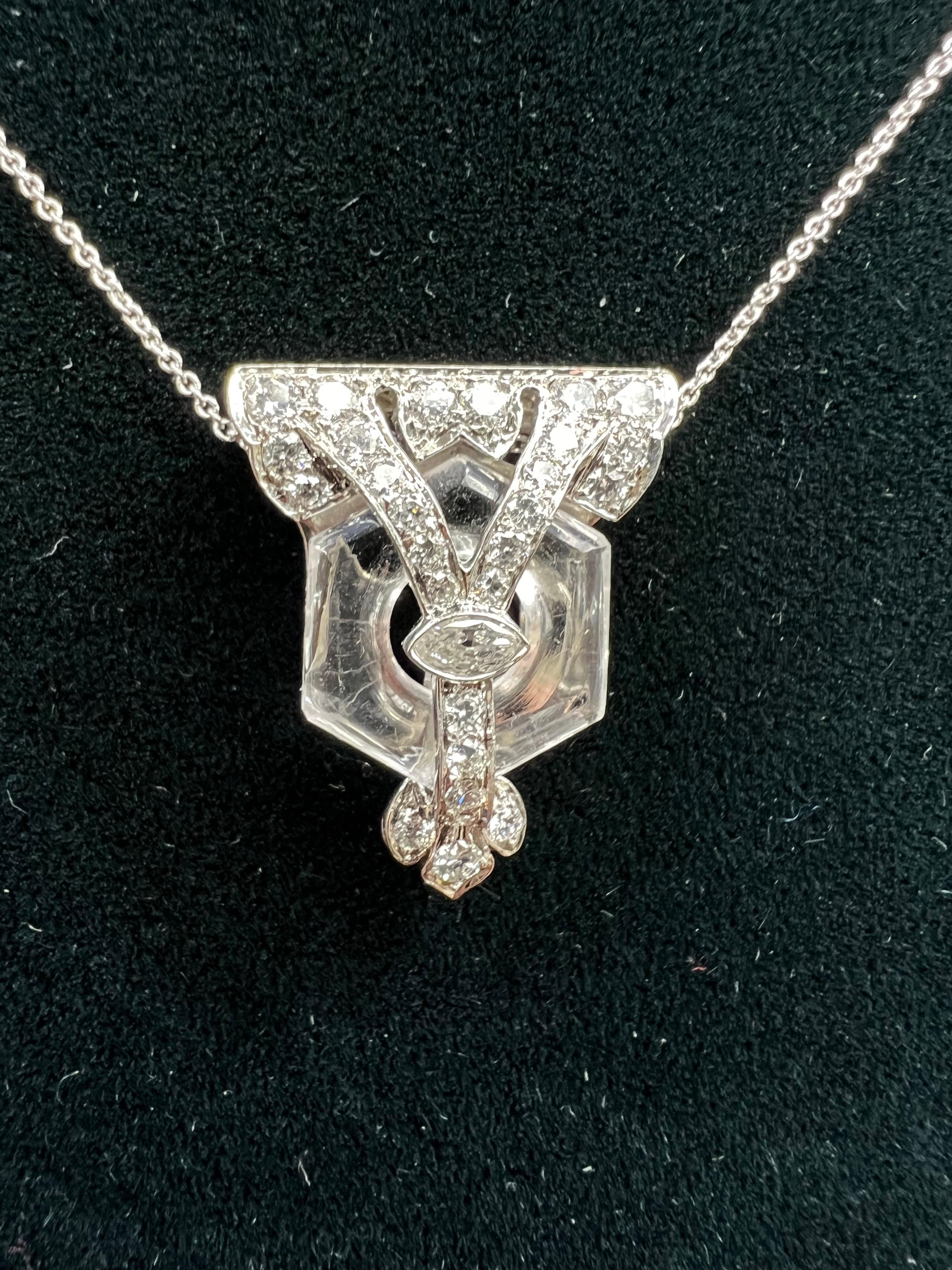 Art Deco Rock Crystal Diamond Platinum Clip Pendant Circa 1925 In Good Condition For Sale In Los Angeles, CA