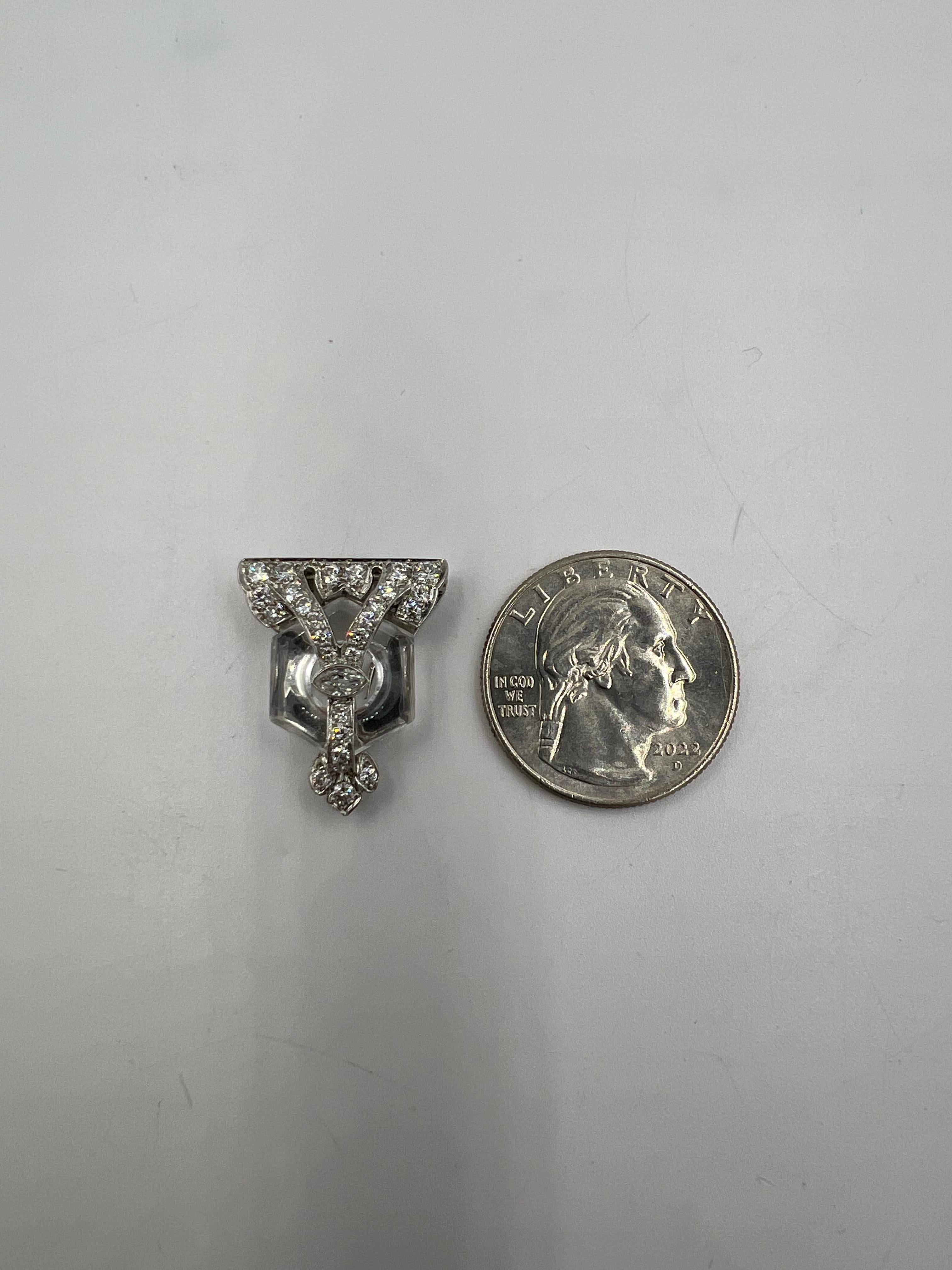 Women's or Men's Art Deco Rock Crystal Diamond Platinum Clip Pendant Circa 1925 For Sale