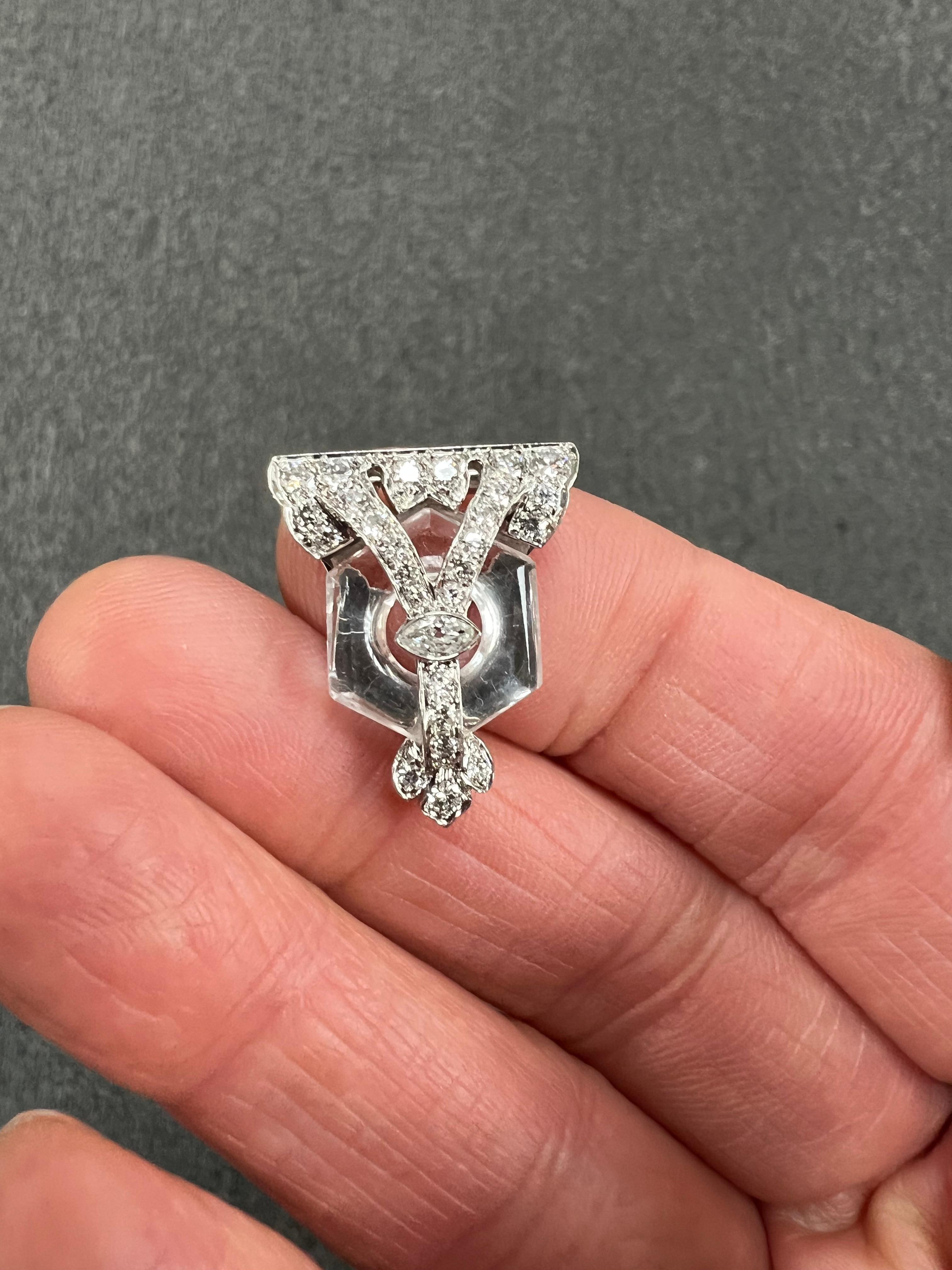Art Deco Rock Crystal Diamond Platinum Clip Pendant Circa 1925 For Sale 3