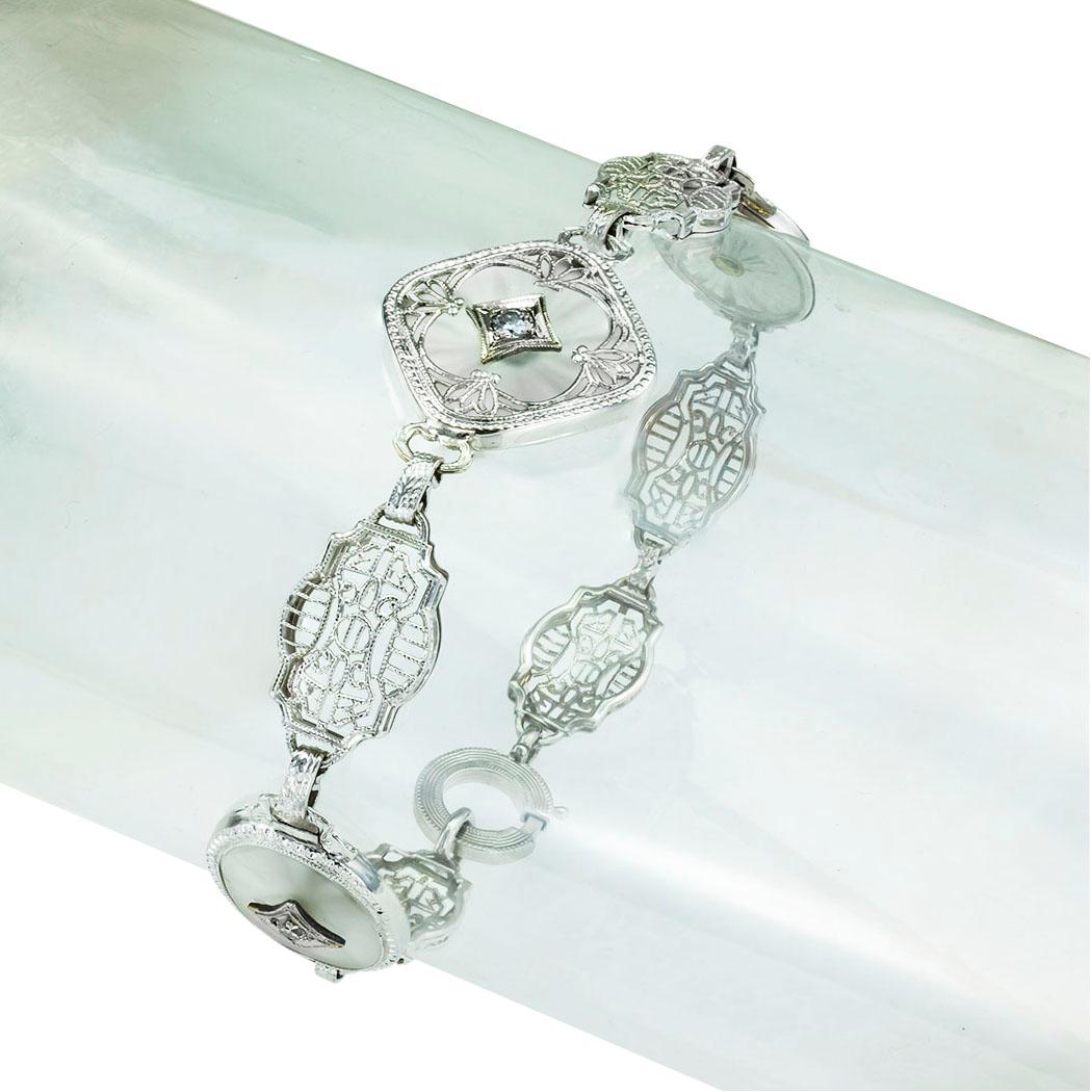 Mixed Cut Art Deco Rock Crystal Diamond White Gold Filigree Bracelet