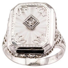 Art Deco Rock Crystal Diamond White Gold Filigree Ring
