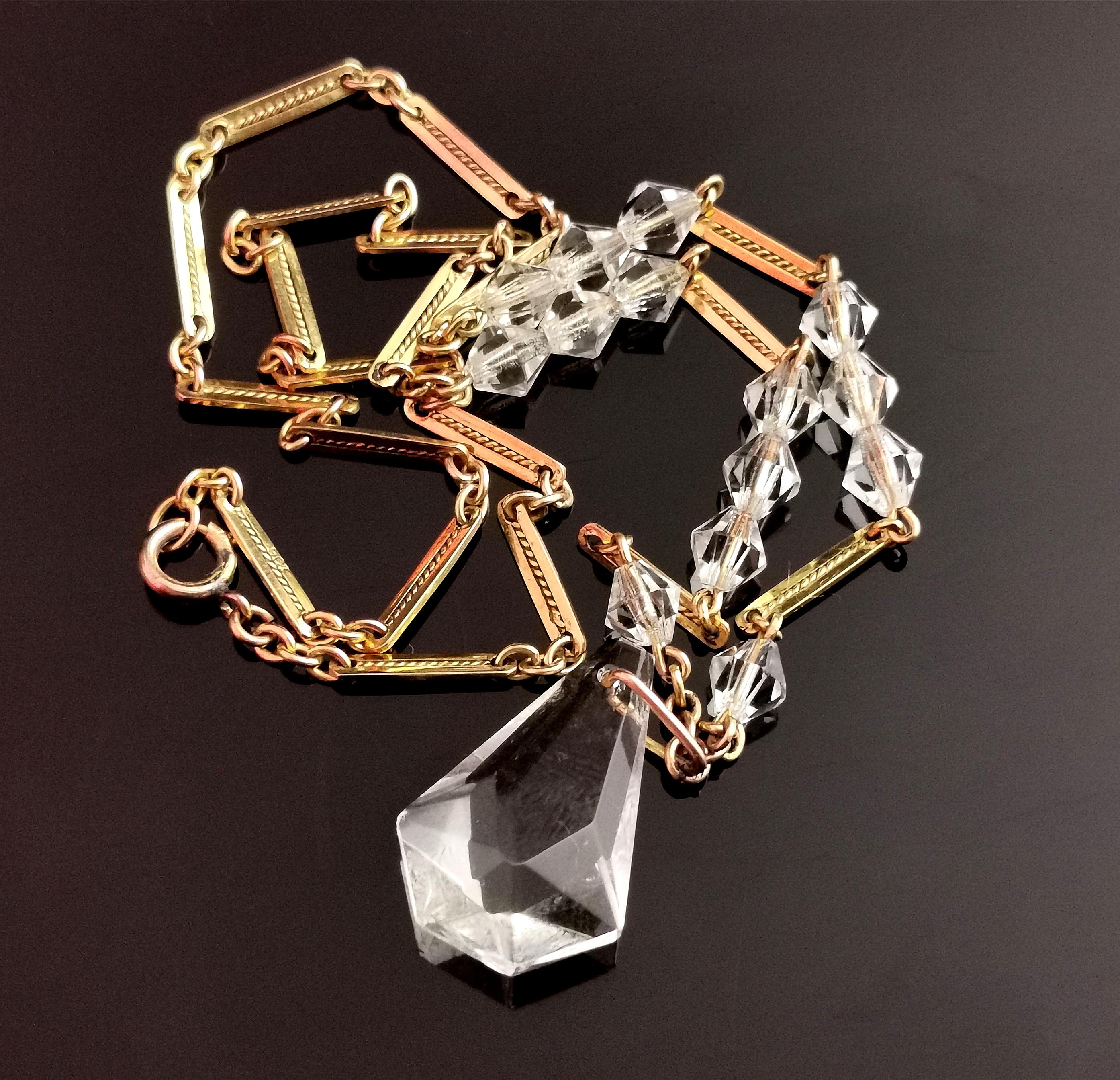 Art Deco Rock Crystal Drop Pendant Necklace, 9 Karat Yellow Gold, Bar Link 2