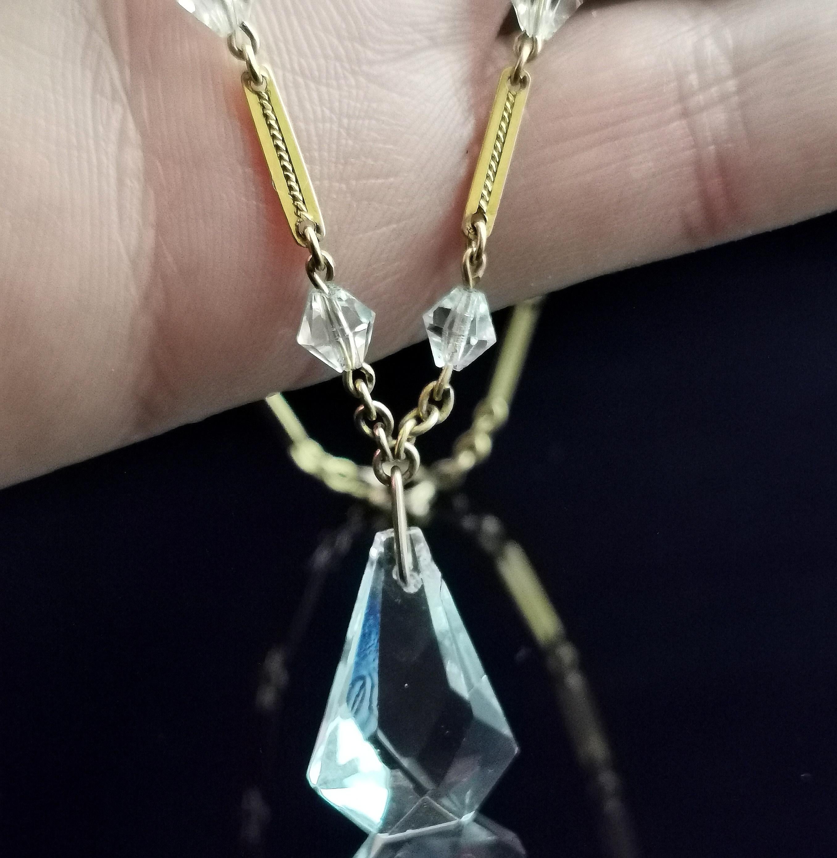 Art Deco Rock Crystal Drop Pendant Necklace, 9 Karat Yellow Gold, Bar Link 4
