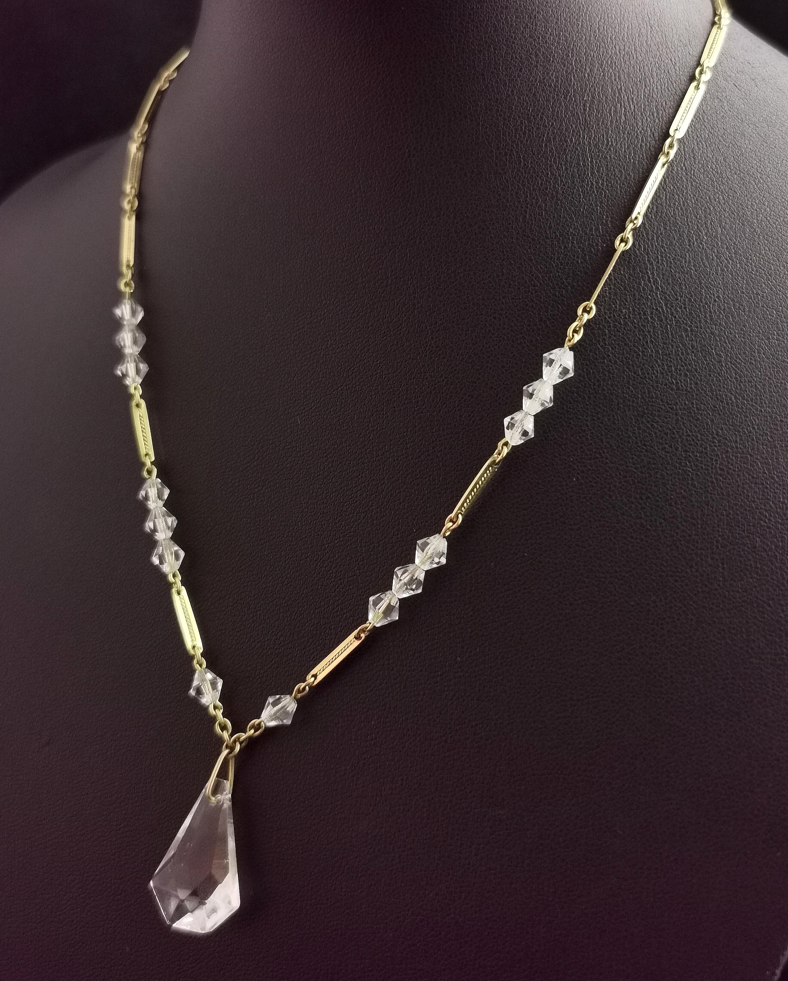 Art Deco Rock Crystal Drop Pendant Necklace, 9 Karat Yellow Gold, Bar Link In Good Condition In NEWARK, GB