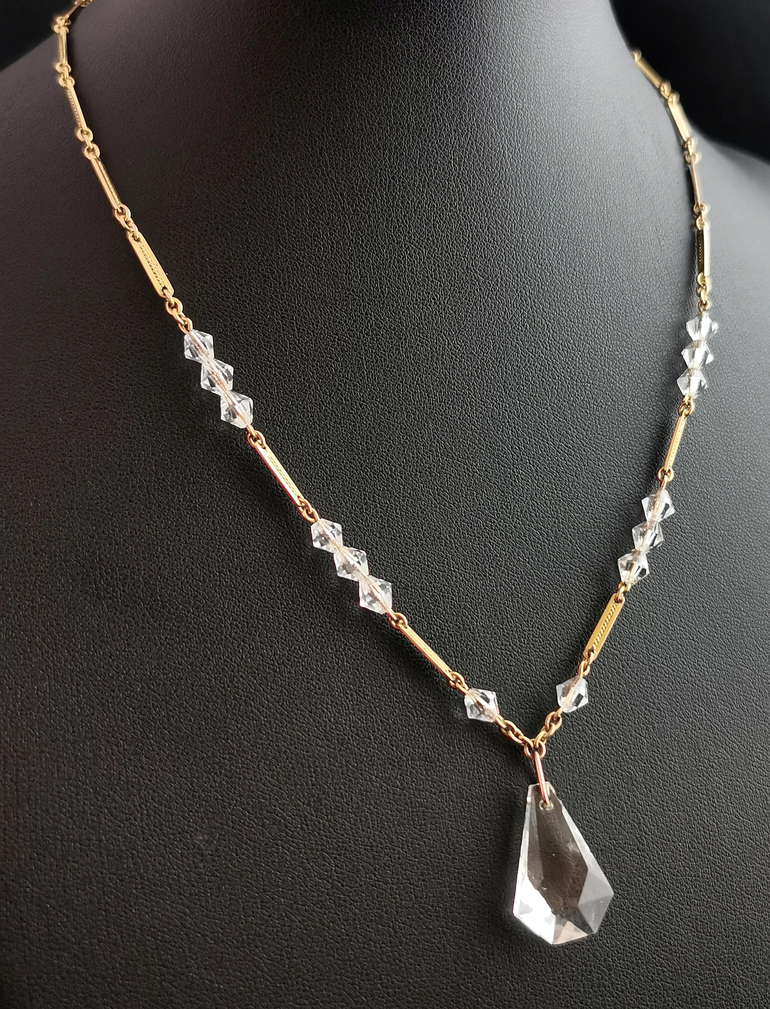 Women's Art Deco Rock Crystal Drop Pendant Necklace, 9 Karat Yellow Gold, Bar Link