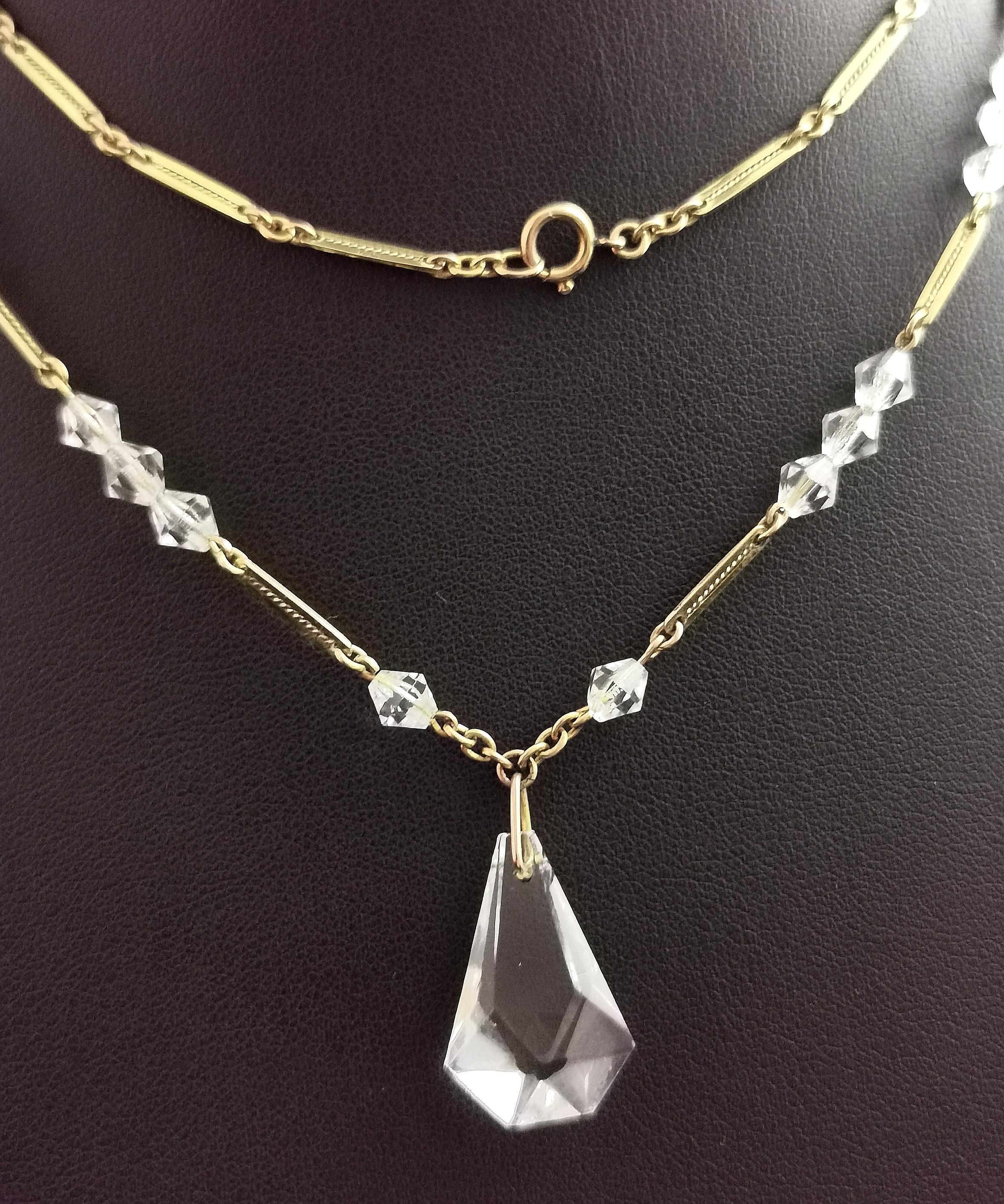 Art Deco Rock Crystal Drop Pendant Necklace, 9 Karat Yellow Gold, Bar Link 1