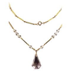 Antique Art Deco Rock Crystal Drop Pendant Necklace, 9 Karat Yellow Gold, Bar Link