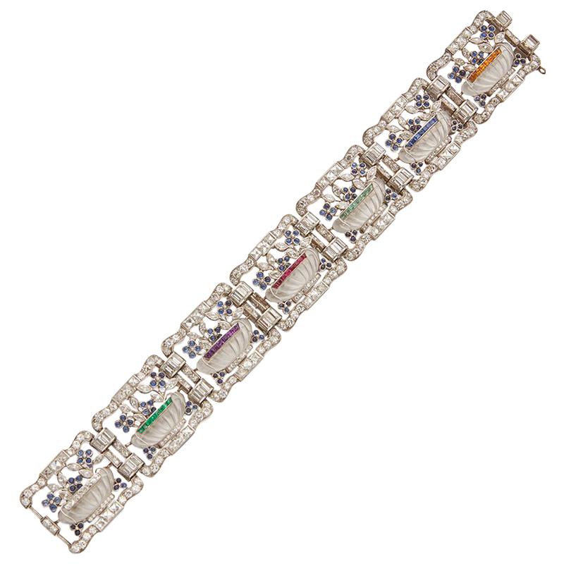 Art Deco Rock Crystal Gem-Set and Diamond Vessel Bracelet