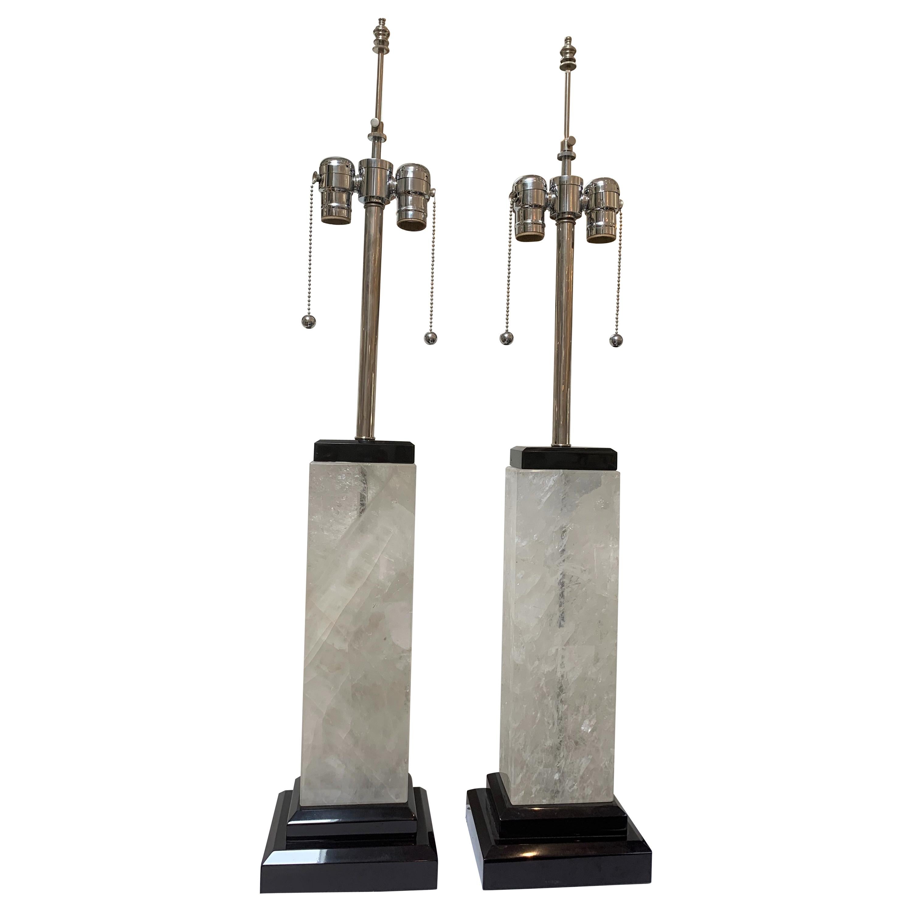 Art Deco Rock Crystal Lamps, Marble, Polished Nickel