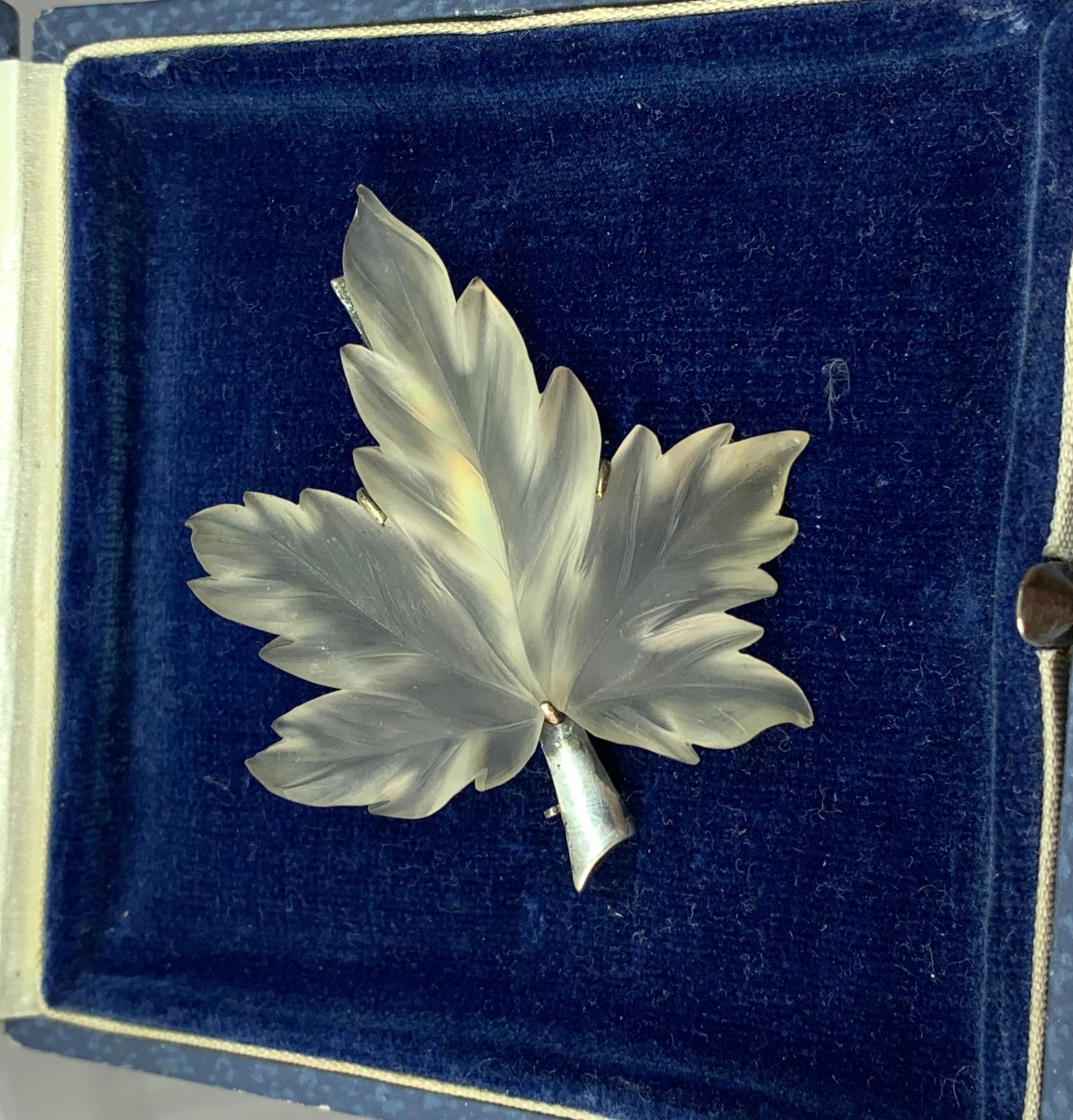 Mixed Cut Art Deco Rock Crystal Leaf Brooch Pin Idar Oberstein Germany Sterling Silver For Sale