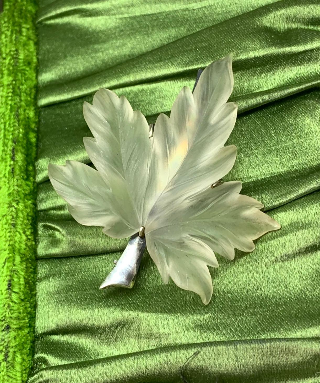 Art Deco Rock Crystal Leaf Brooch Pin Idar Oberstein Germany Sterling Silver In Excellent Condition For Sale In New York, NY