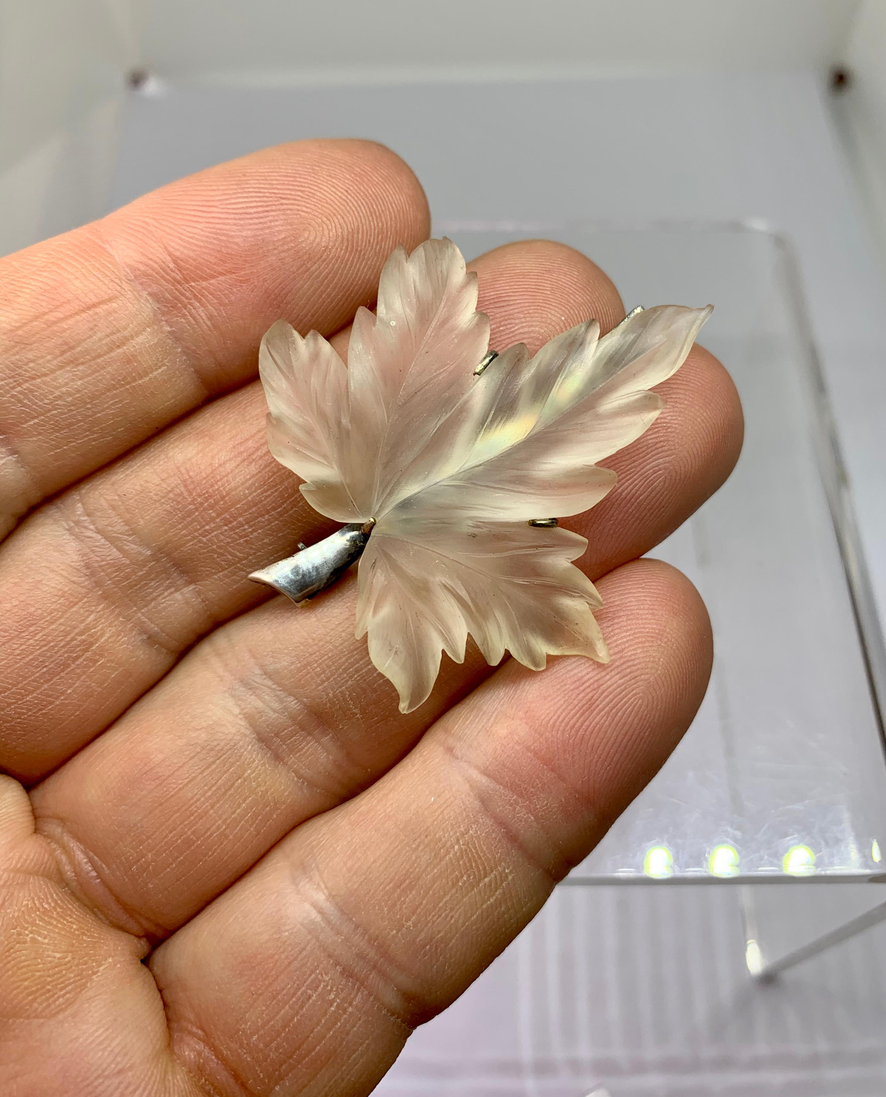 Women's or Men's Art Deco Rock Crystal Leaf Brooch Pin Idar Oberstein Germany Sterling Silver For Sale