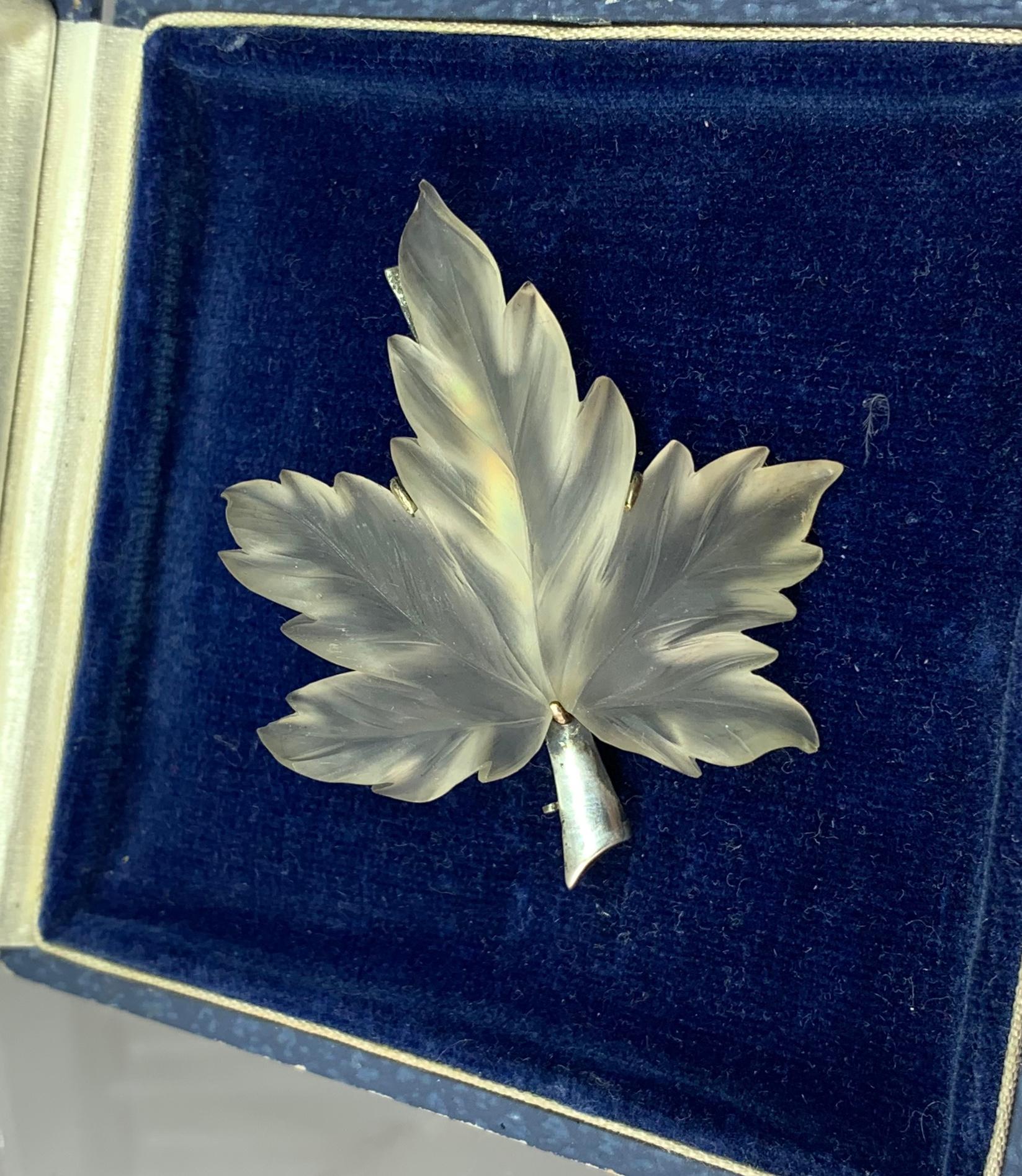 Art Deco Rock Crystal Leaf Brooch Pin Idar Oberstein Germany Sterling Silver For Sale 2