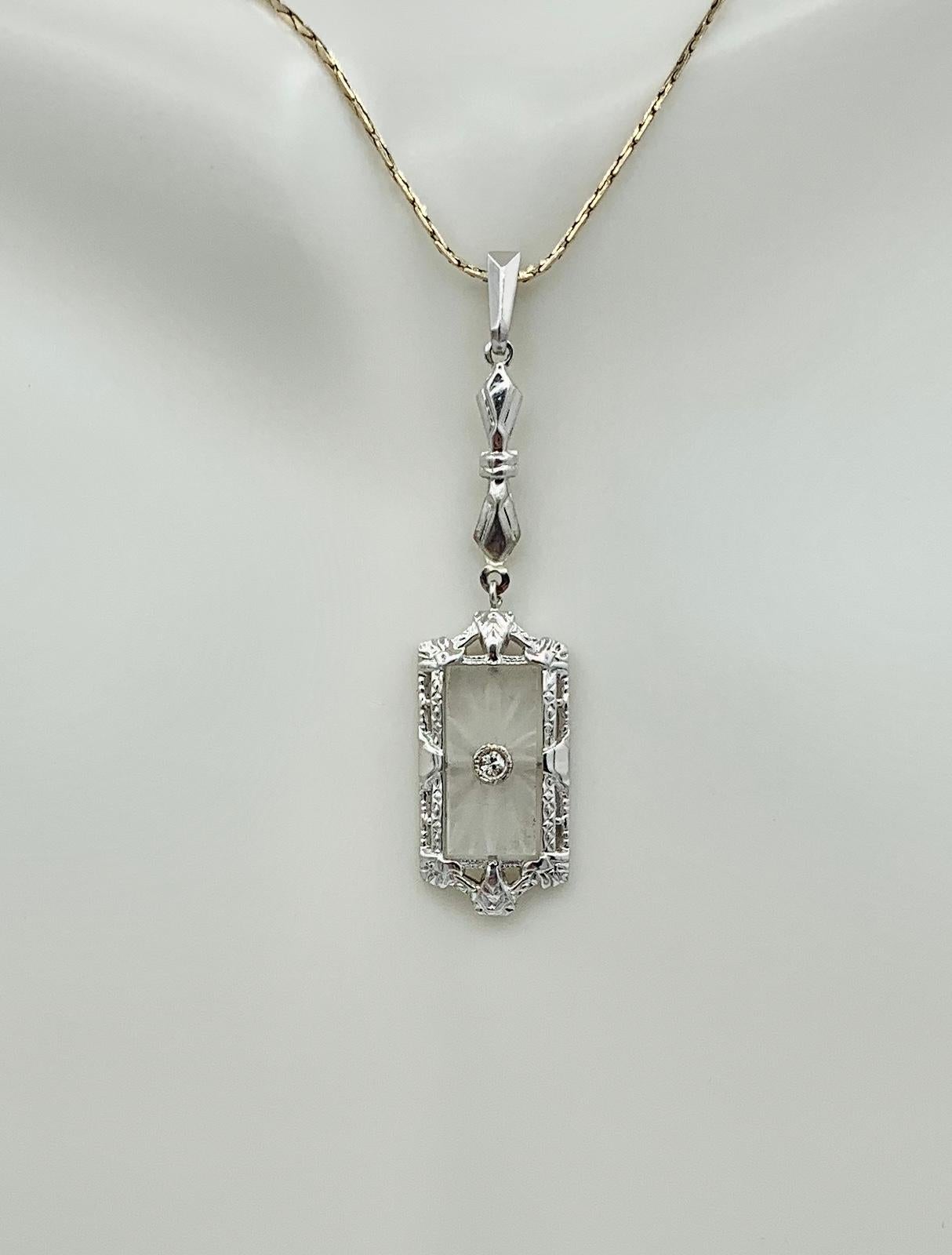 Old Mine Cut Art Deco Rock Crystal Old Mine Diamond Pendant Necklace Filigree 14K White Gold For Sale