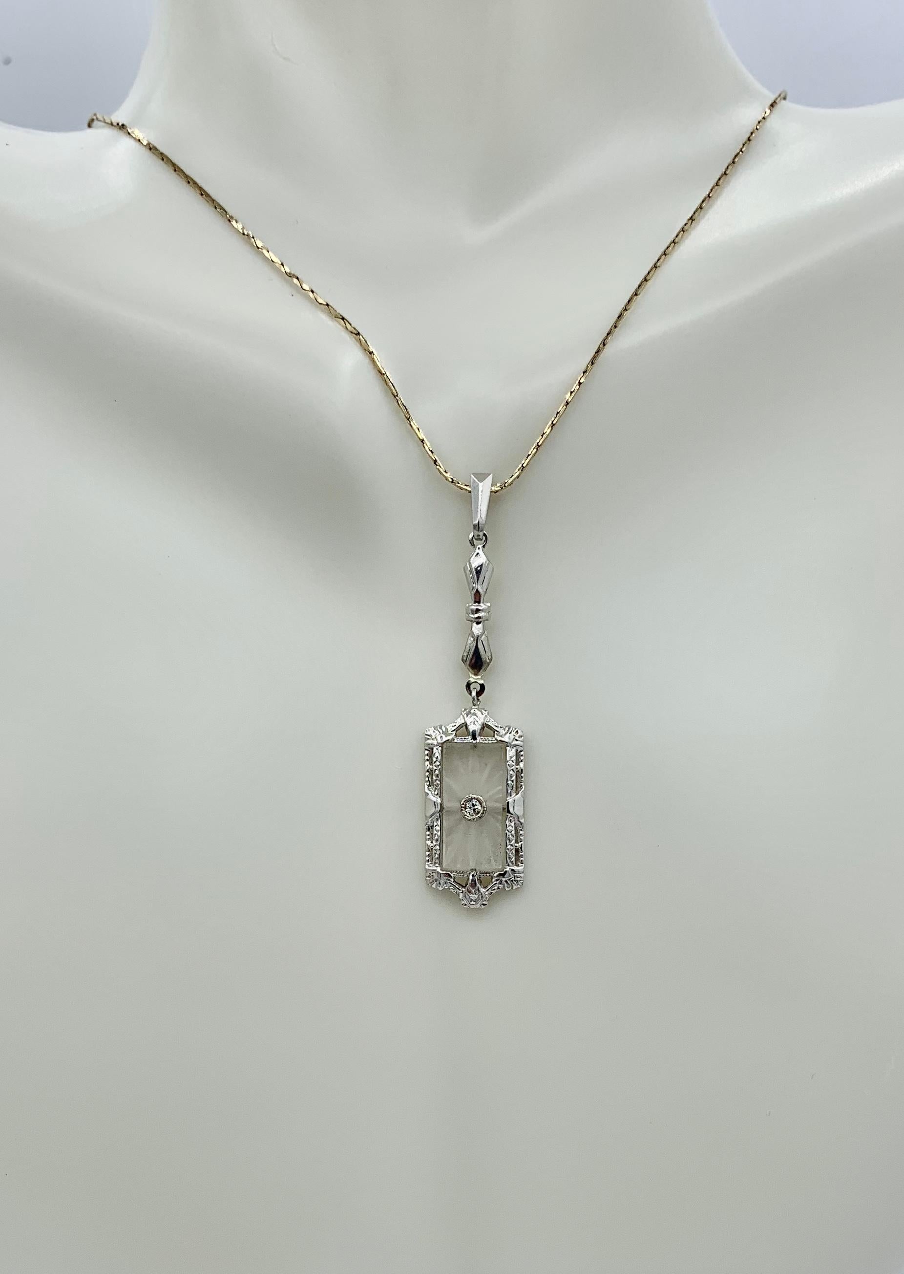 Women's Art Deco Rock Crystal Old Mine Diamond Pendant Necklace Filigree 14K White Gold For Sale