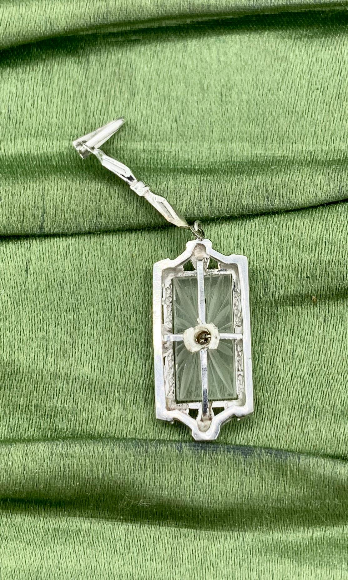 Art Deco Rock Crystal Old Mine Diamond Pendant Necklace Filigree 14K White Gold For Sale 1