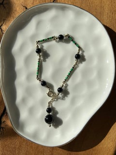 Bracciale Art Deco in cristallo di rocca, quarzo, onice, oro giallo 14k, verde e nero, con perline