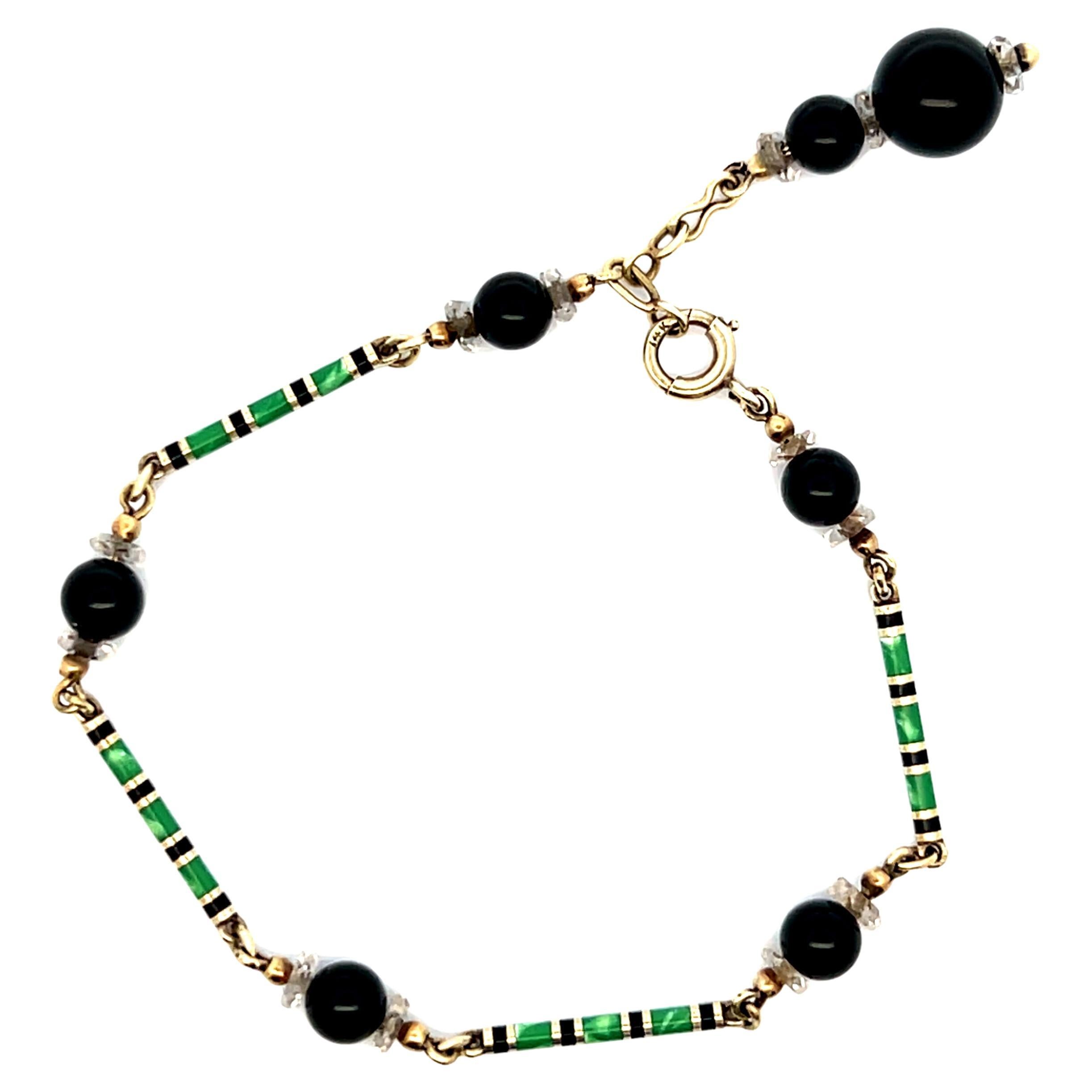 Art Deco Rock Crystal Quartz Onyx 14k Yellow Gold Green & Black Beaded Bracelet For Sale