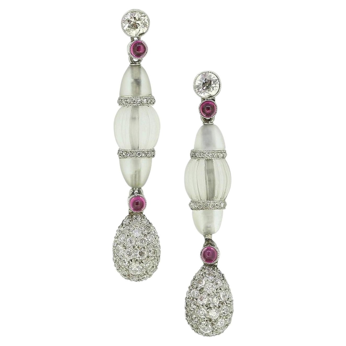 Art Deco Rock Crystal Ruby and Diamond Drop Earrings