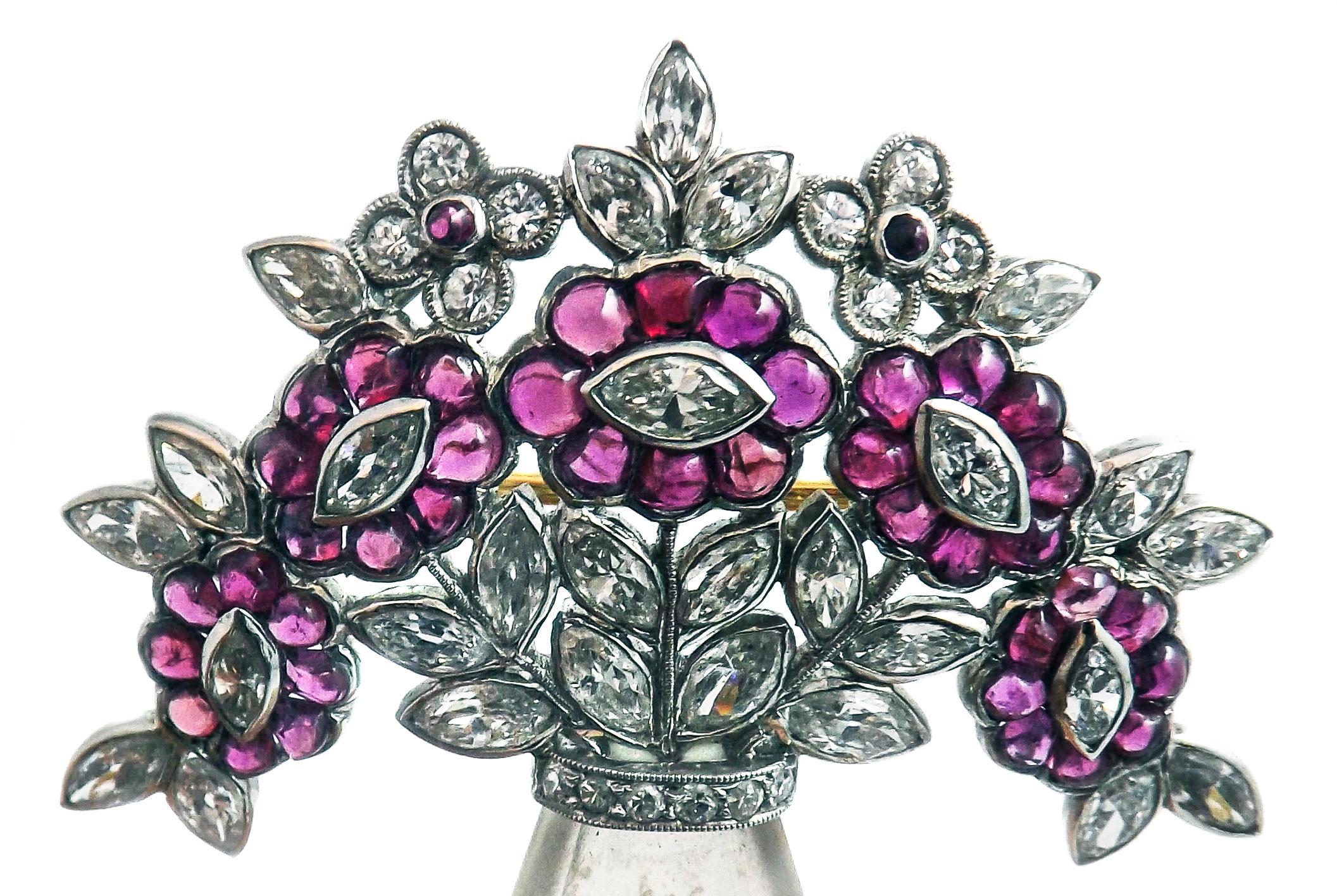 Mixed Cut Art Deco Rock Crystal Ruby Diamond Platinum Brooch For Sale