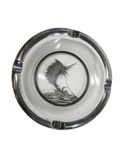 Art Deco, Rockwell Silver Overlay Clear Glass Ashtray with Marlin/Sailfish Motif