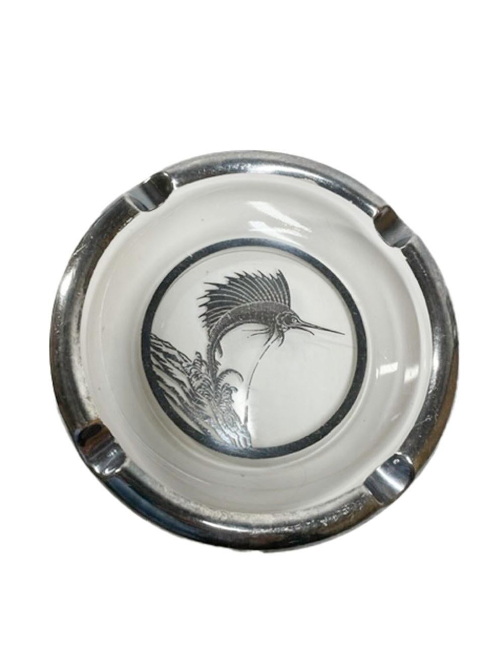 American Art Deco, Rockwell Silver Overlay Clear Glass Ashtray with Marlin/Sailfish Motif For Sale