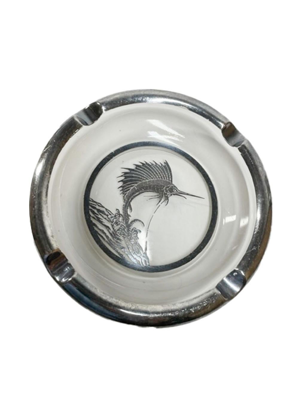 American Art Deco, Rockwell Silver Overlay Clear Glass Ashtray with Marlin/Sailfish Motif