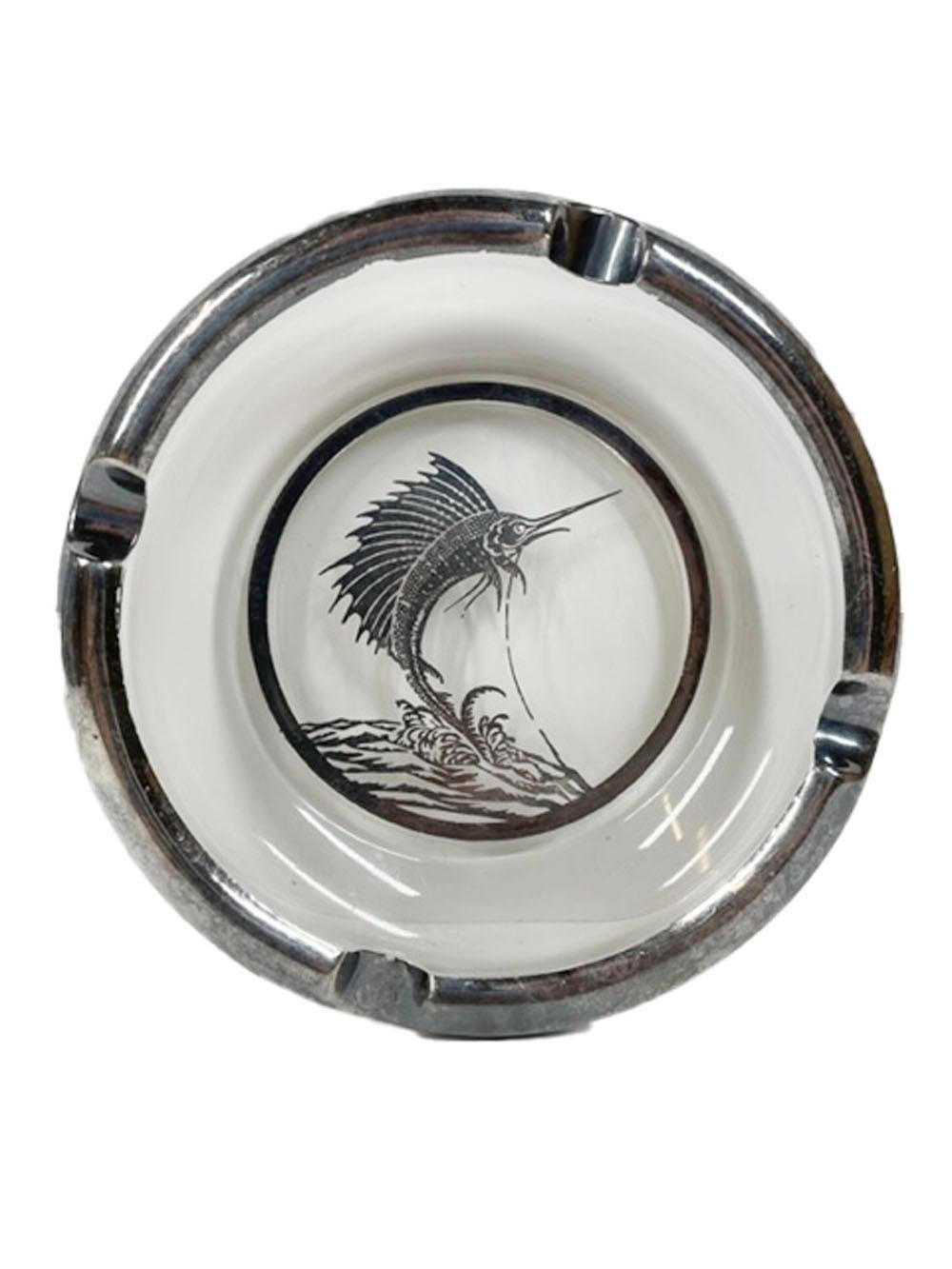 Art Deco, Rockwell Silver Overlay Clear Glass Ashtray with Marlin/Sailfish Motif In Good Condition In Nantucket, MA
