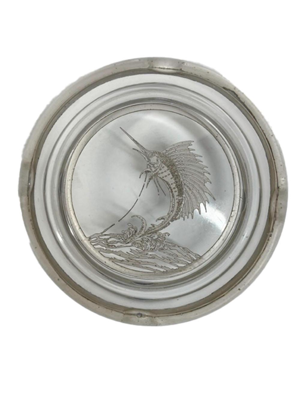 20th Century Art Deco, Rockwell Silver Overlay Clear Glass Ashtray with Marlin/Sailfish Motif For Sale