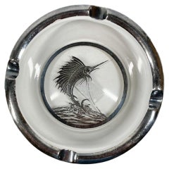 Antique Art Deco, Rockwell Silver Overlay Clear Glass Ashtray with Marlin/Sailfish Motif