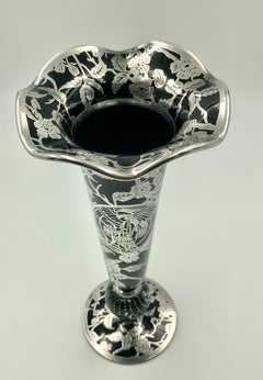 Art Deco Rockwell Silver Overlay Floral Geisha Pairpoint Black Glass Bud Vase