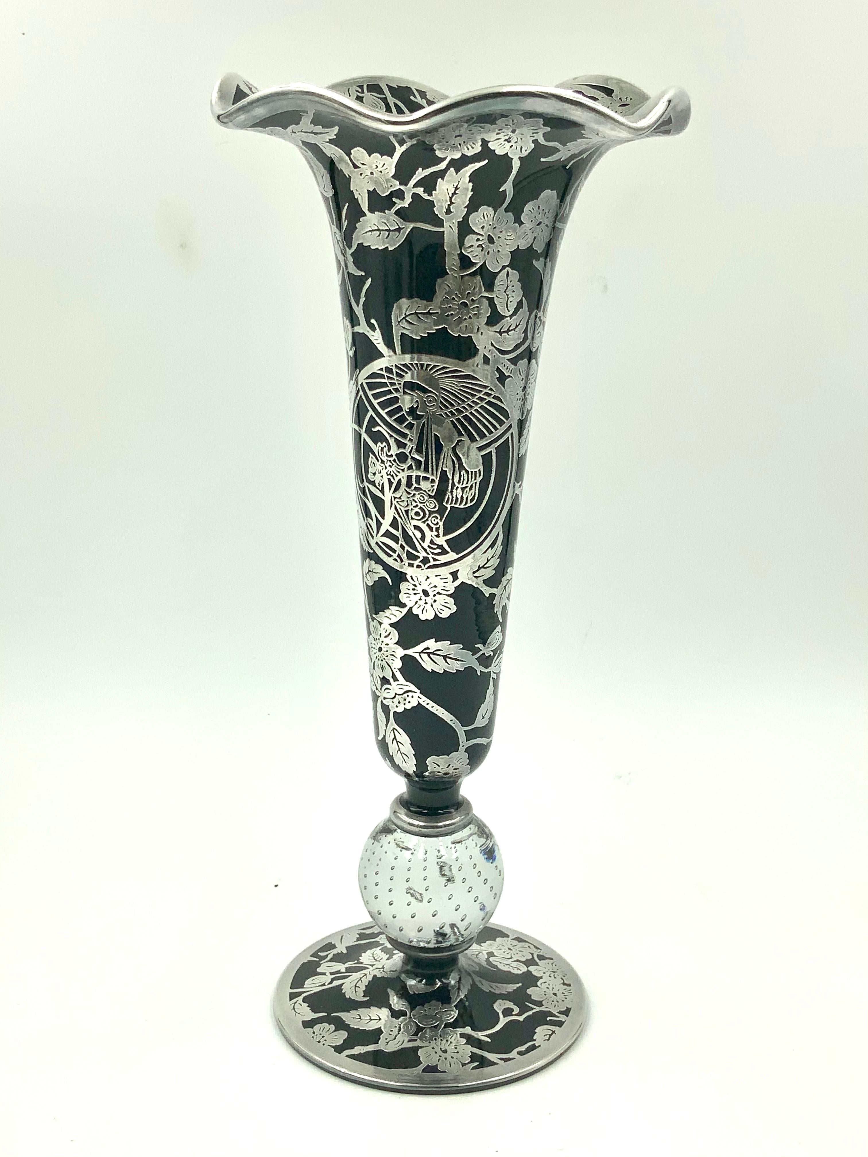 American Art Deco Rockwell Silver Overlay Floral Geisha Pairpoint Black Glass Bud Vase
