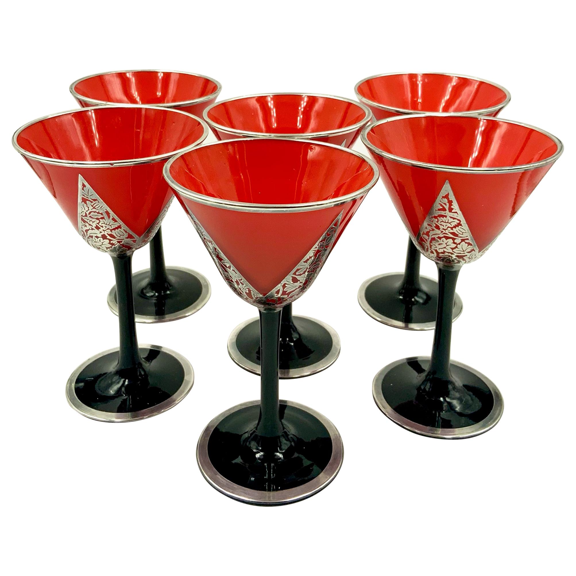 Beautiful Art Deco Rockwell Silver overlay orange & black glass
Stunning set of 6 art deco orange and black glasses with applied sterling silver overlay with floral and geometric design. They are acid signed Rockwell with the shield. They measure