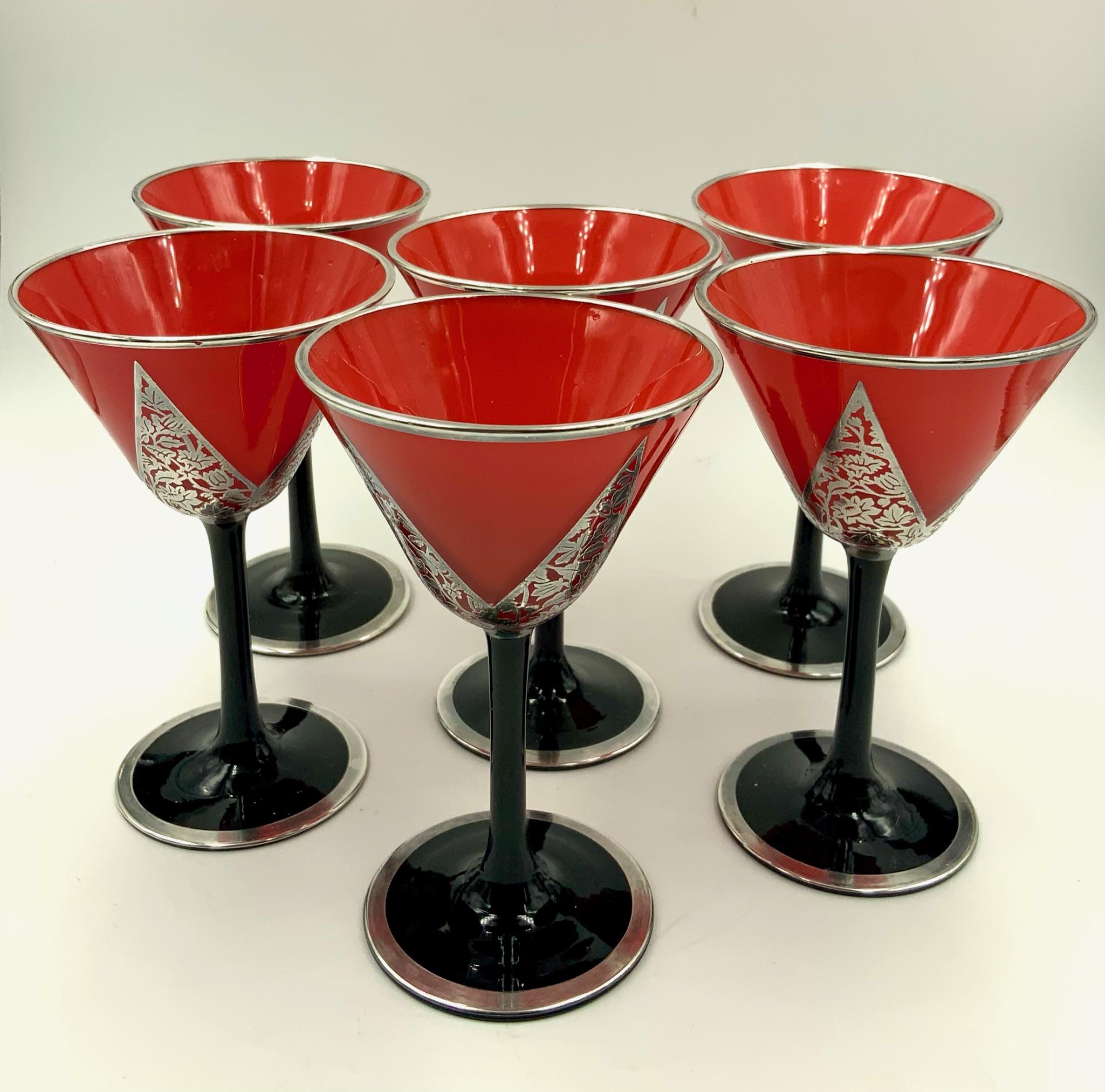 American Art Deco Rockwell Sterling Silver Overlay Orange and Black Wine Glass Set of Six